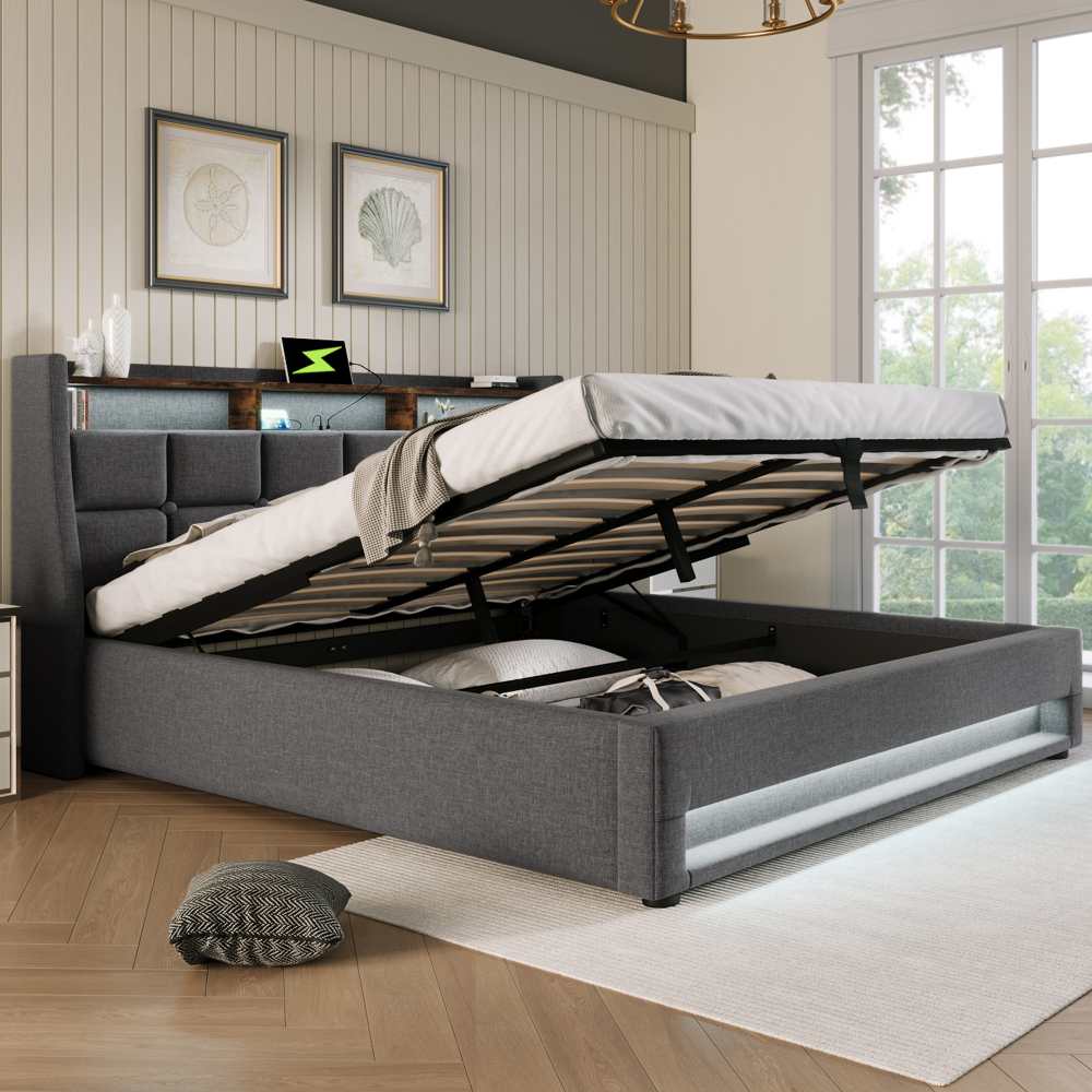 Łóżko tapicerowane z USB 180 x 200 cm, podwójne łóżko LED z metalową ramą i listwami, rama łóżka z lnu Łóżko młodzieżowe (bez materaca) - 9