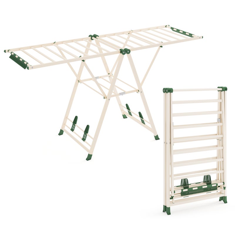 Składana Suszarka do Ubrań, Składana Suszarka do Ubrań na Zewnątrz i do Wnętrz o Regulowanej Wysokości i Bocznymi Skrzydłami, 20 Prętów i 4 Haczyki