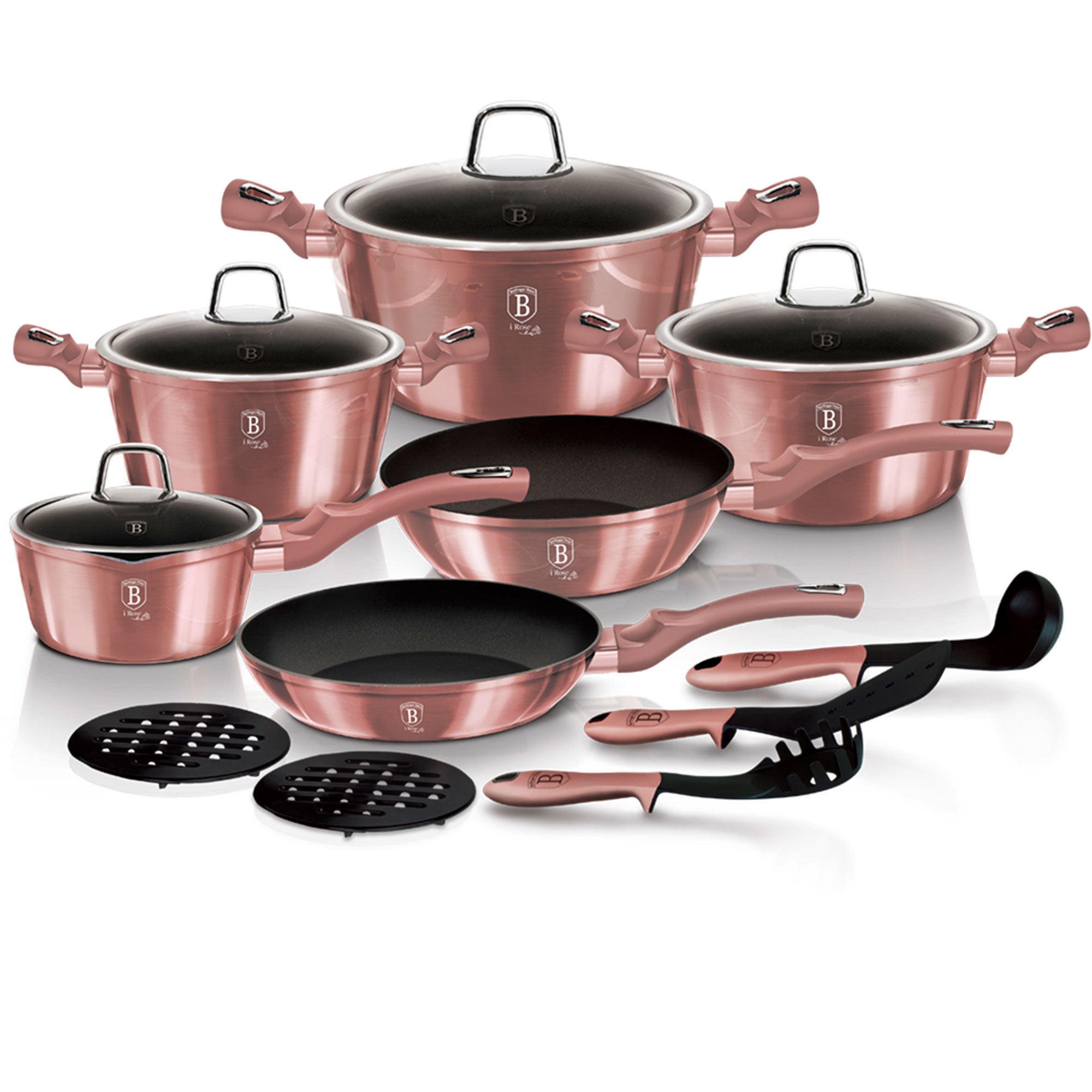 Berlinger Haus I-Rose Set van 2 braadpannen, inductie, 22-26 cm, aluminium, anti-aanbaklaag, ecologisch titanium zonder PFOA, design, geschikt voor alle soorten fornuizen, glaskeramiek, gas