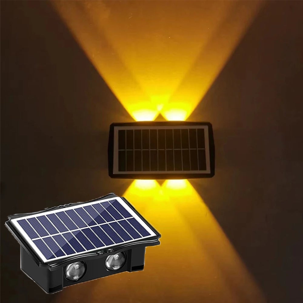 1 sztuka zewnętrznej lampy LED solarnej, oświetlenie górne i dolne, zewnętrzny, wodoszczelny kinkiet solarny IP65, ciepłe światło do ogrodzenia