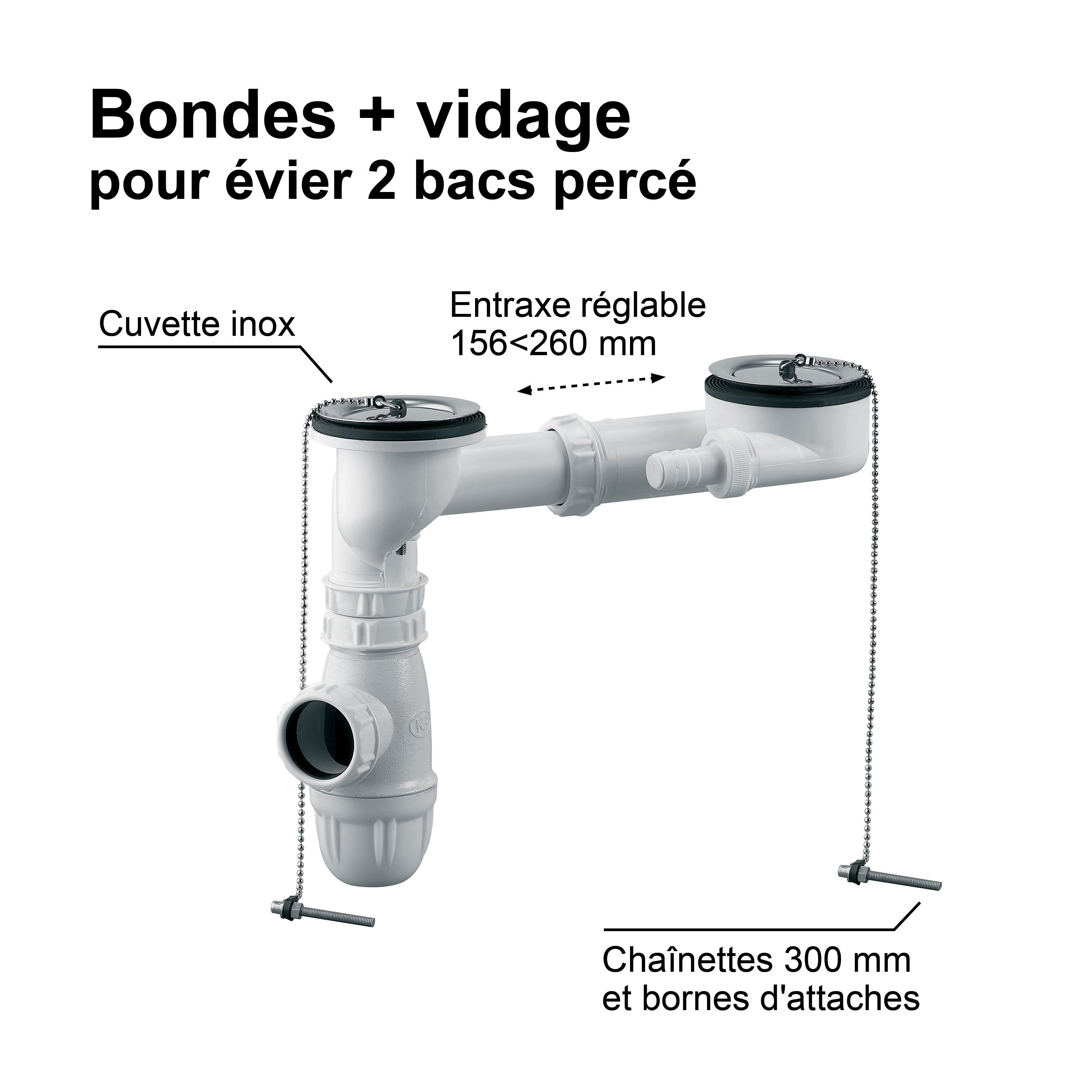 Rousseau - Bonde + Vidage - Avec trop-plein + Siphon pour évier 2 bacs percé - Ø 60 mm - Certifié NF - Blanc - 2