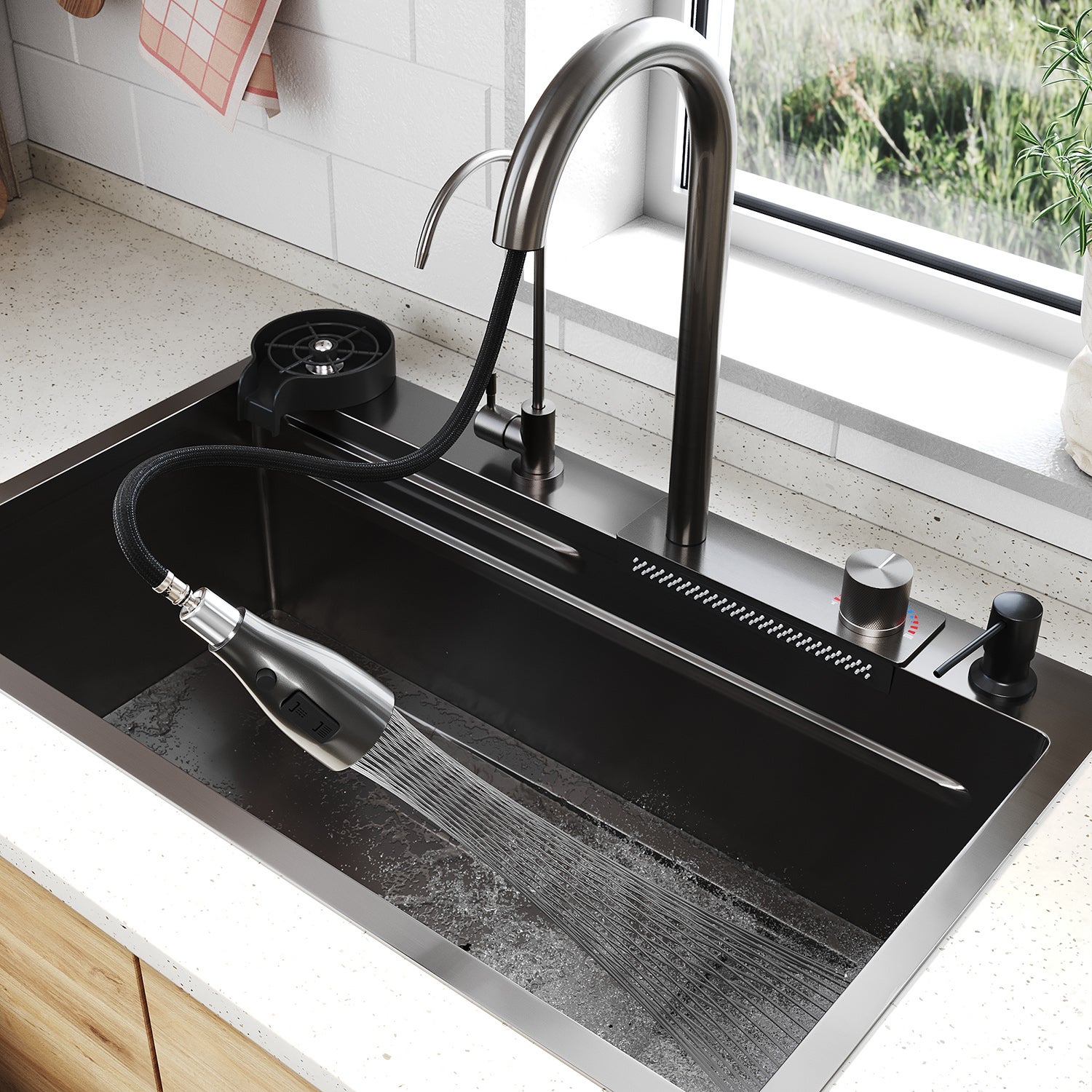 SIRHONA Évier Inox Encastré 1 Bac avec Escamotable + Cascade Robinet 75x45cm - 3