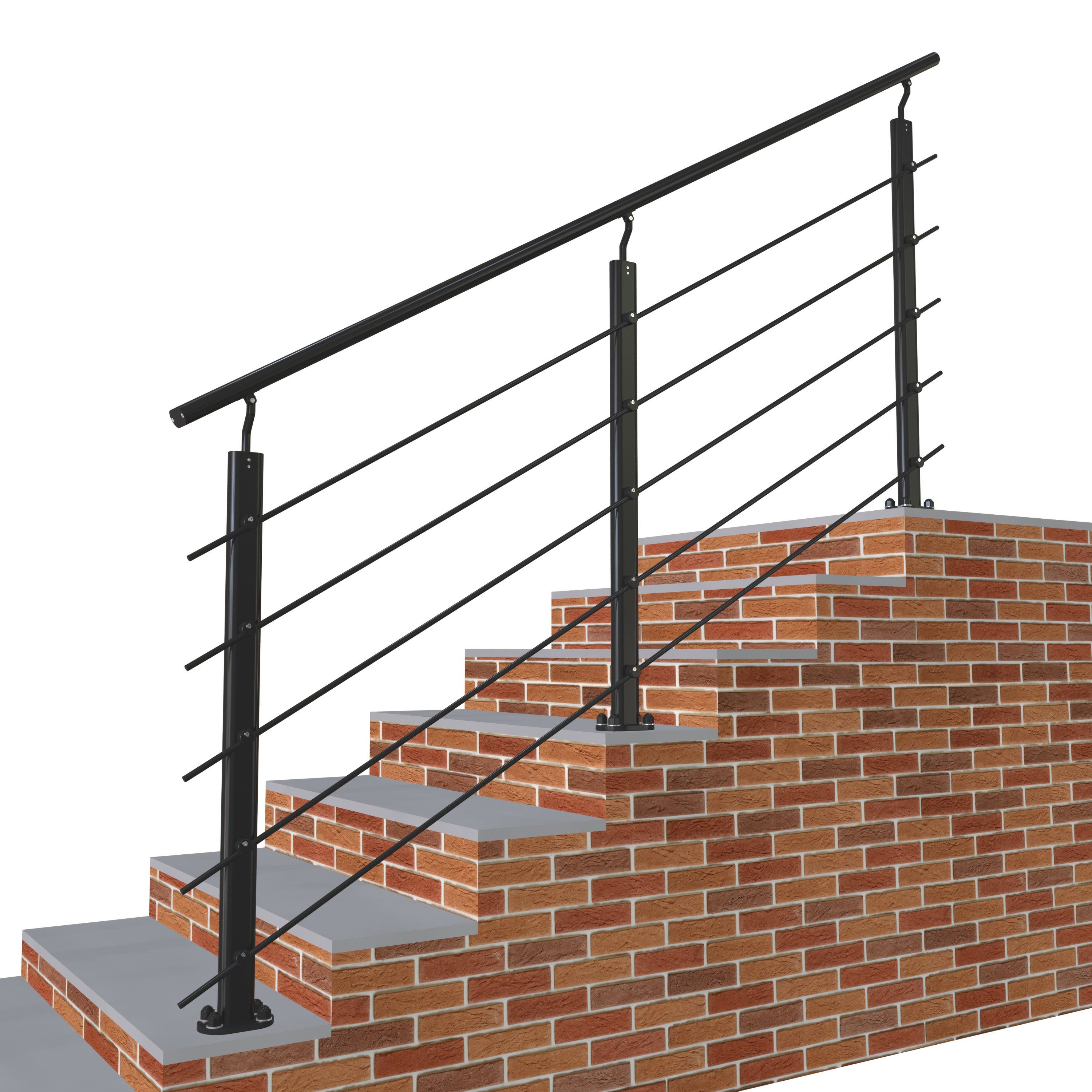 Garde-corps - Aluminium Noir - 200cm - Avec 5 traverses et 1 main courante - Intérieur et extérieur - Rampe d'escalier pose à plat - 2