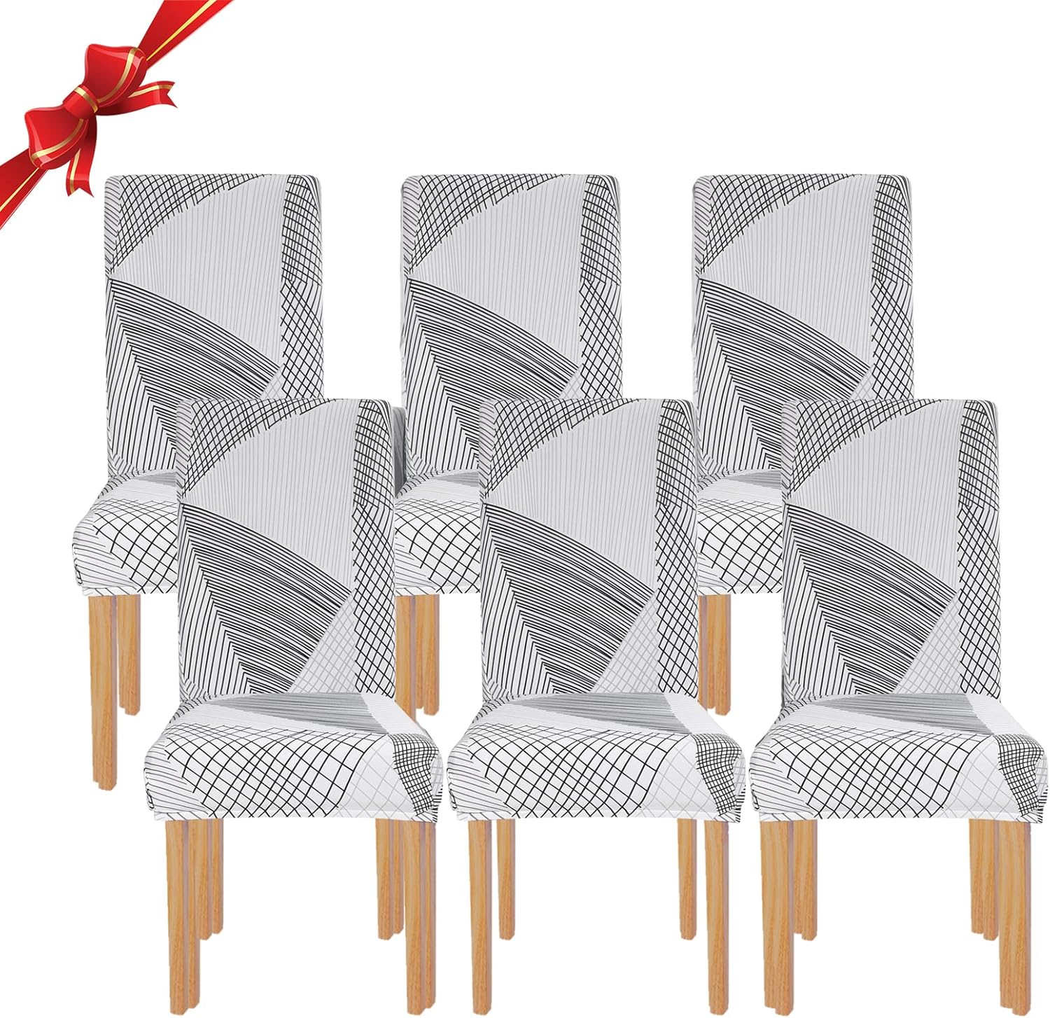 Zestaw 6 składanych pokrowców na krzesła do jadalni (geometryczna biel, zestaw 6 szt.), uniwersalne, zmywalne pokrowce na krzesła, dekoracyjne pokrowc