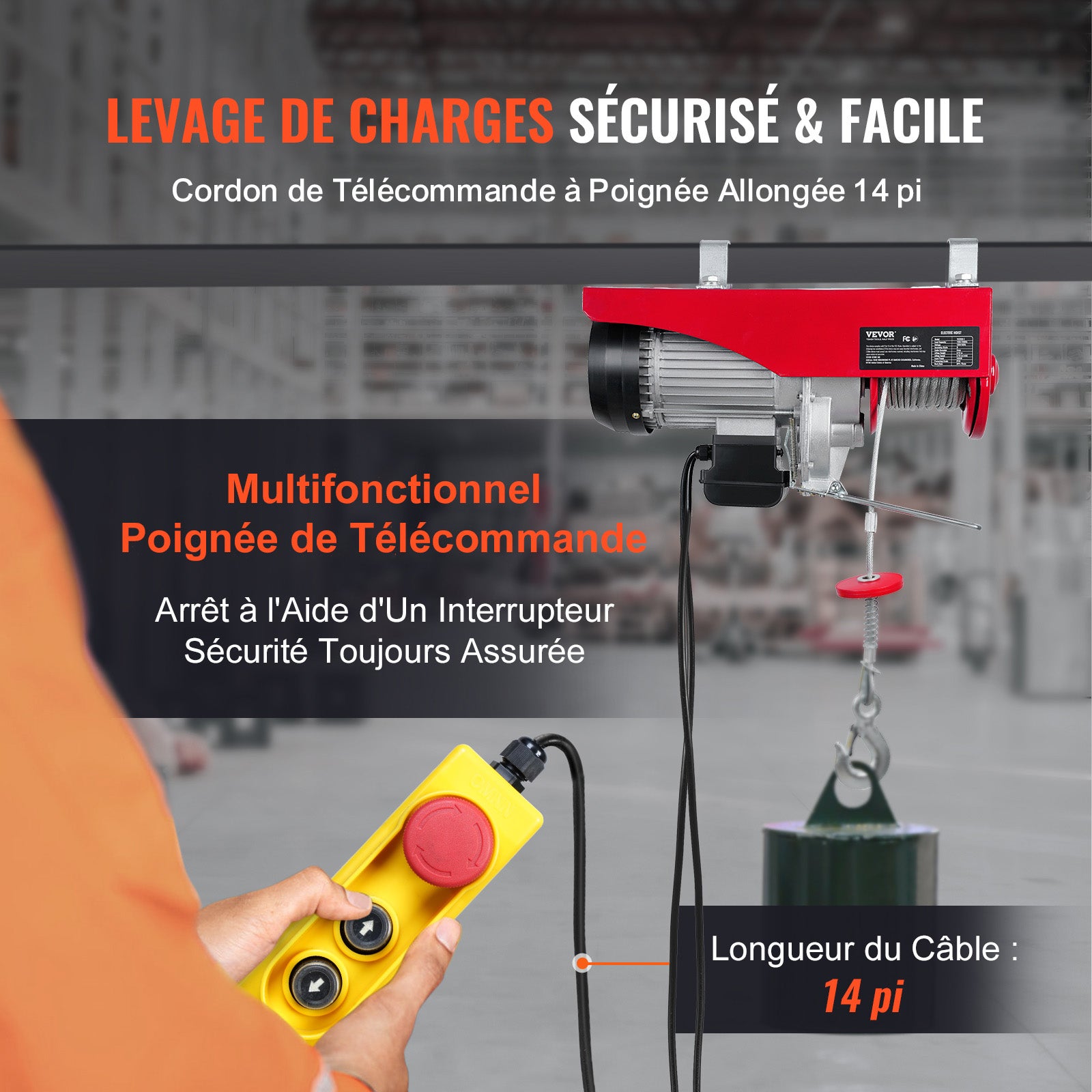 Palan électrique VEVOR Treuil à Câble 1000 kg 1600 W avec Télécommande Filaire 4 m, 10 m/min, Câble 12 m, Moteur Cuivre Pur pour Garages et Entrepôts - 3