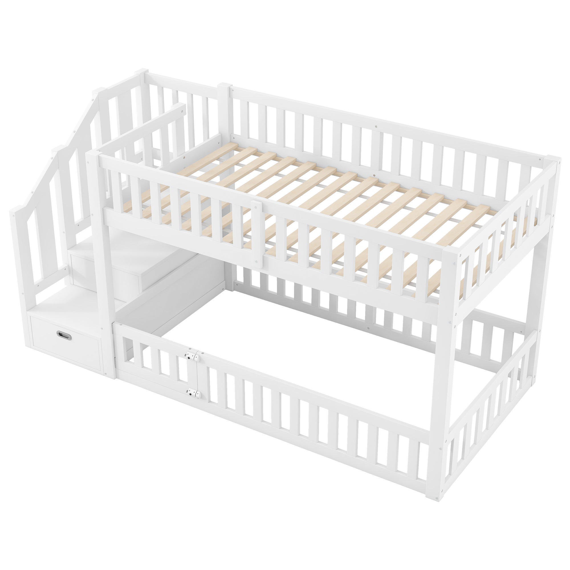 Litera Infantil 90x200 cm Blanco, Madera de Pino + MDF, Cama Baja con Escalera de Almacenamiento, Barandilla Segura - 9