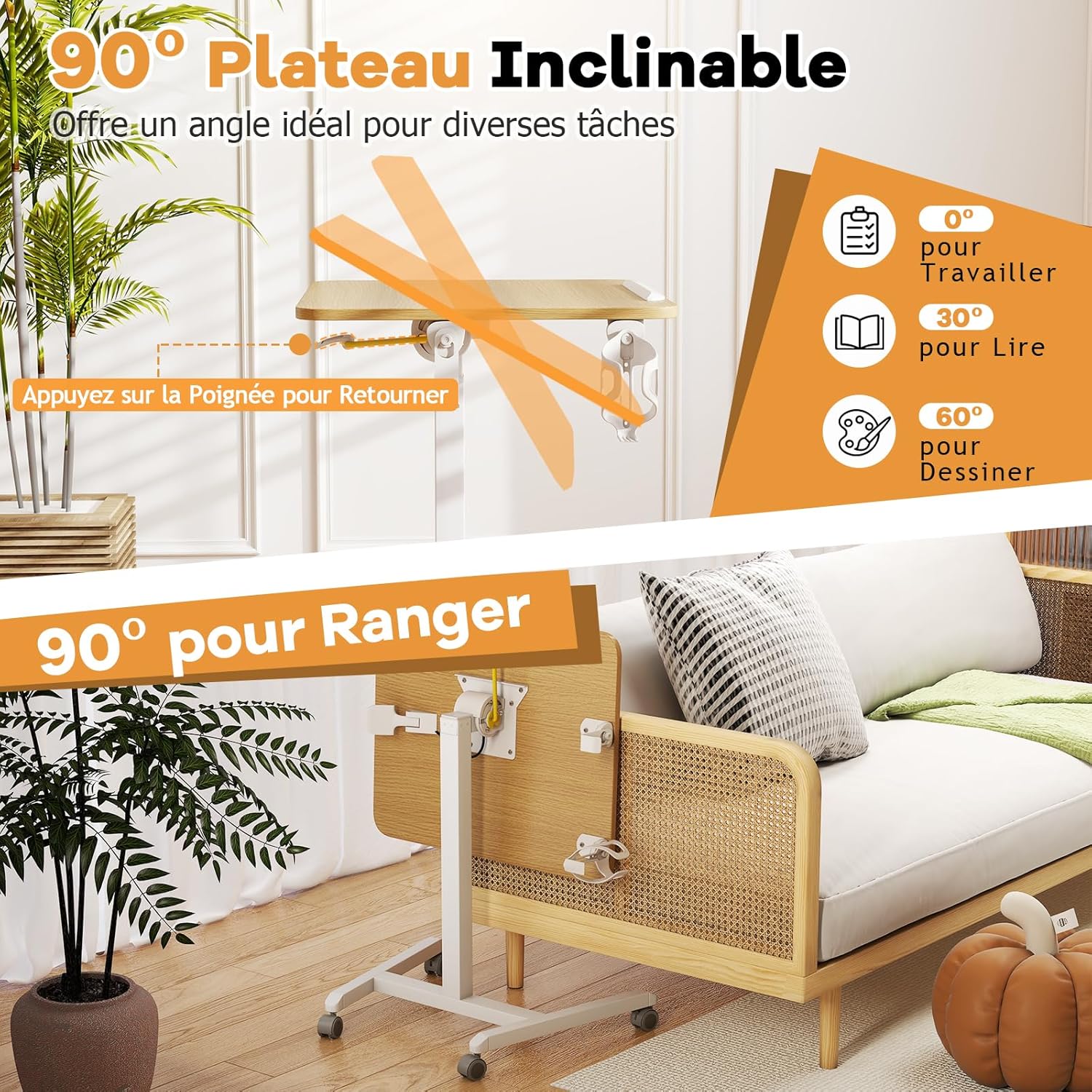 Bureau Assis-Debout, Hauteur Réglable 76-111cm, Plateau Inclinable à 90°, Mobile avec roulettes (2 Verrouillables), avec Crochet et Porte-gobelet - 6
