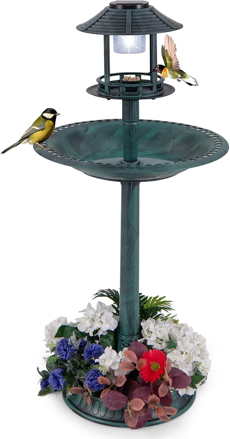 Karmnik dla Ptaków Zewnętrzny na Cokole 3 w 1 z Oświetleniem Słonecznym, Średnica 50 cm, Poidło dla Ptaków Zewnętrzne z Diodami LED (Brązowo-Zielona)
