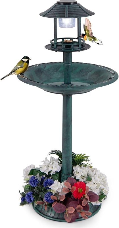 Karmnik dla Ptaków Zewnętrzny na Cokole 3 w 1 z Oświetleniem Słonecznym, Średnica 50 cm, Poidło dla Ptaków Zewnętrzne z Diodami LED (Brązowo-Zielona)