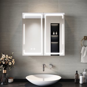 Orren Ellis Armoire De Salle De Bain éclairée Avec Miroir, Armoire De Salle De Bain Eclairee Avec Miroir Armoire De Salle De Bain Murale 2 Portes Avec Lumieres Del C111790289