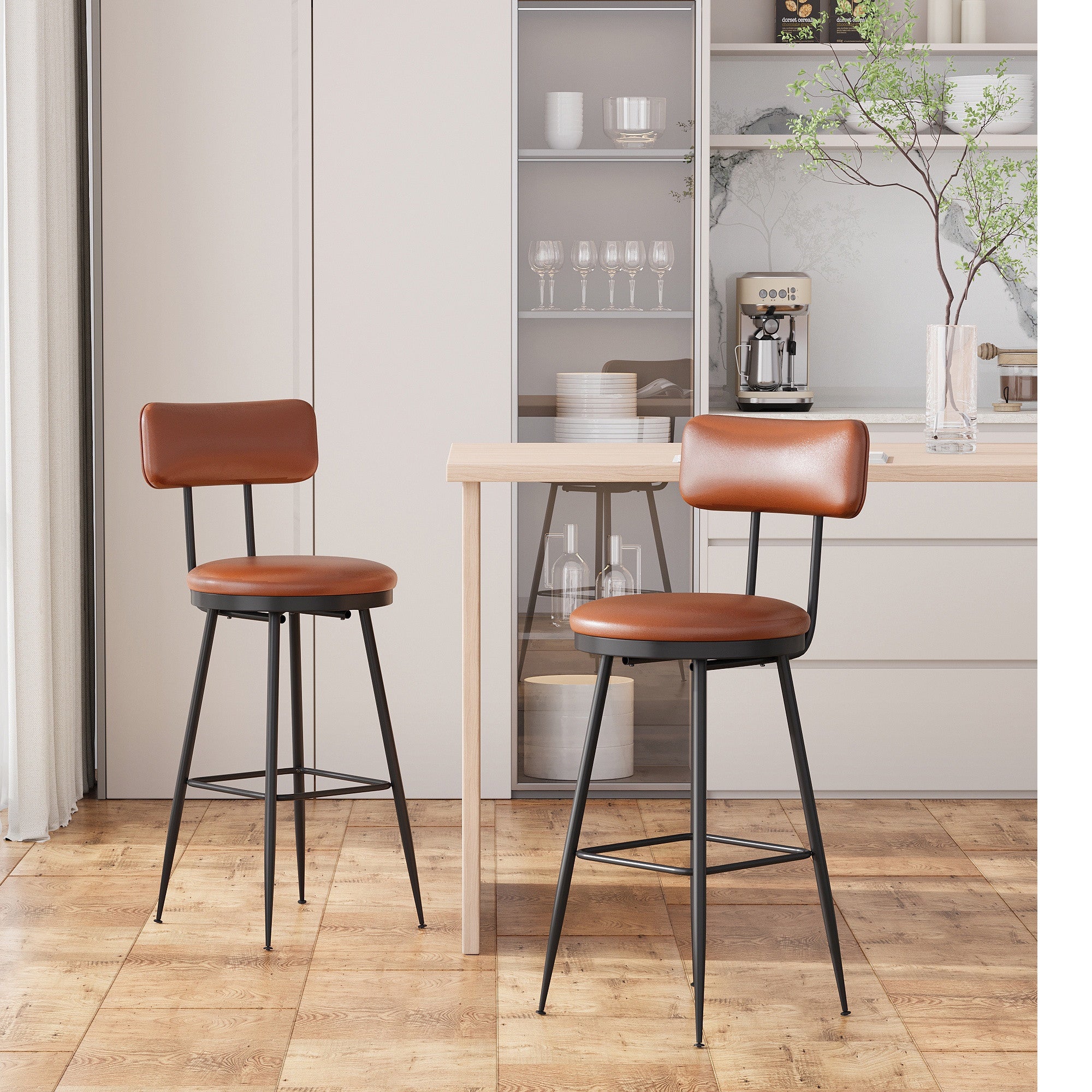 Lot de 4 Tabourets de Bar - Chaise Haute de Cuisine avec Dossier et Repose-pieds - Design Rétro et Robuste - en PU Marron - 3