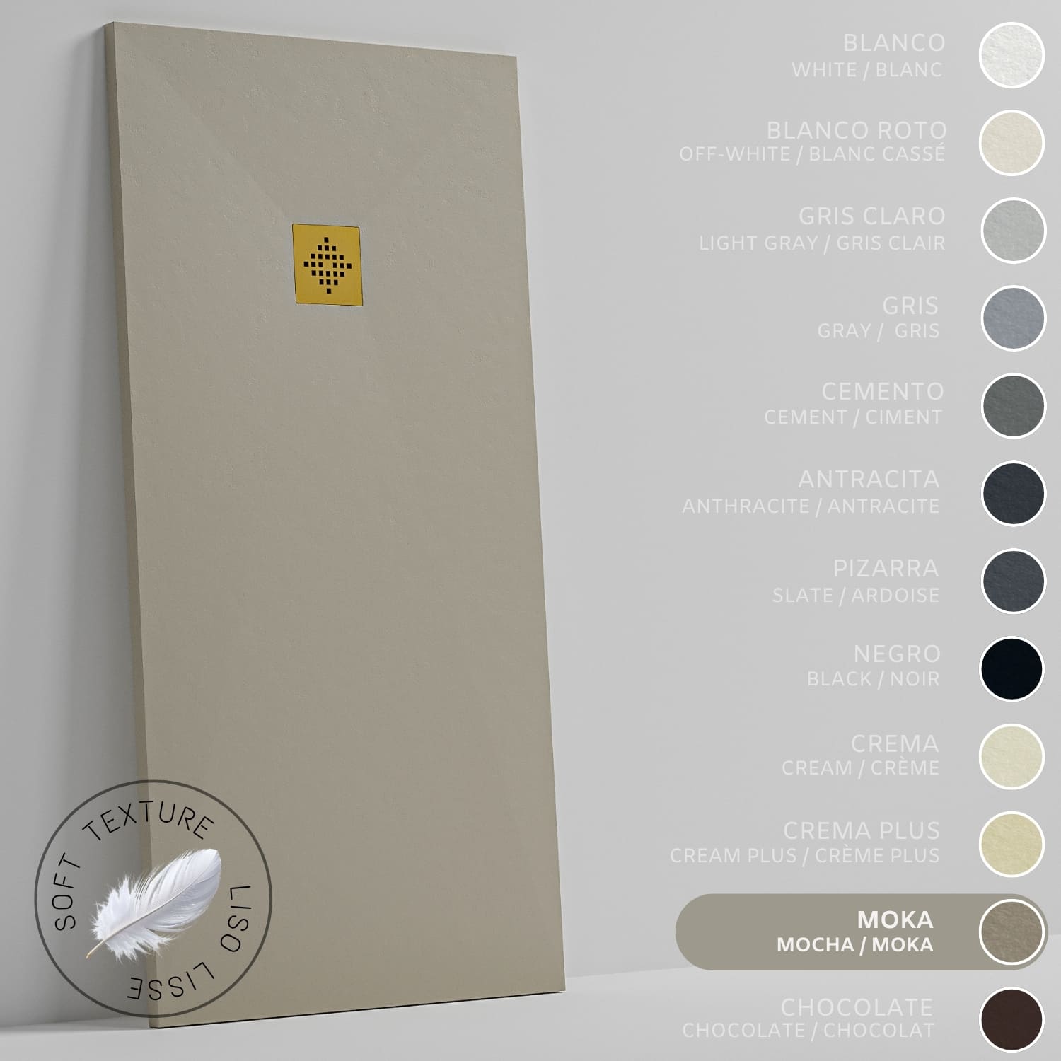 Soulhome plato de ducha - resina - gel coat - textura liso seda - antideslizante - color moka - 140x70- extraplano 3cm. rejilla dorada