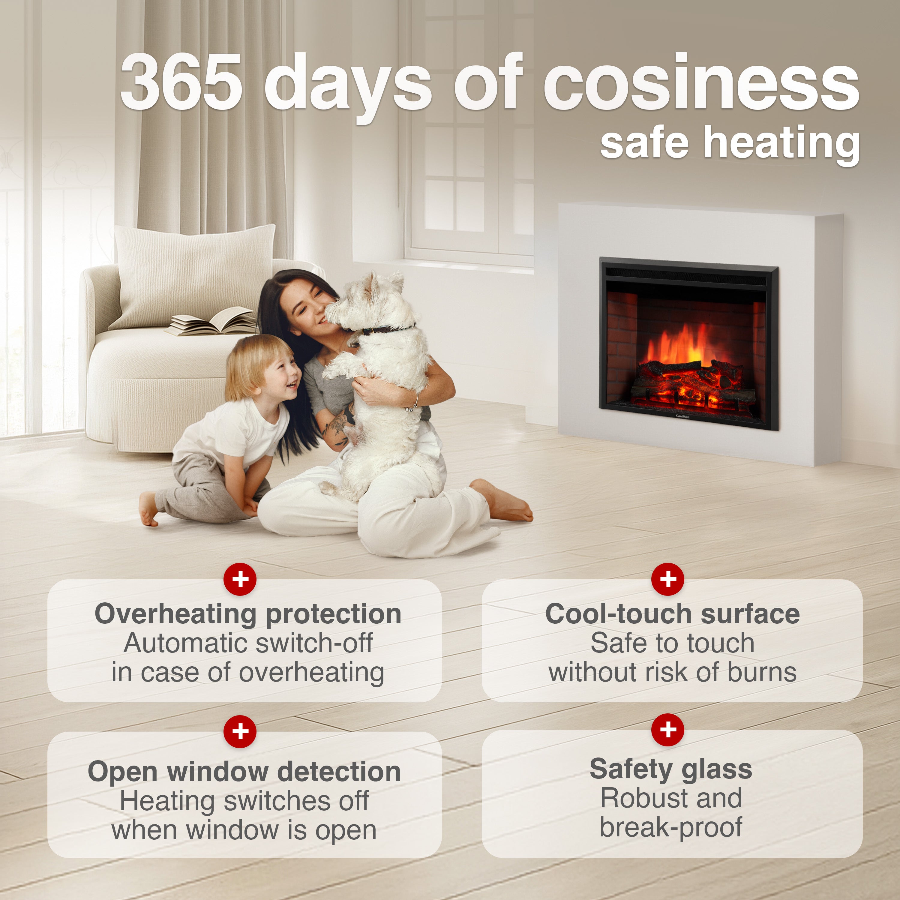 KAMINIO Cheminée électrique LUCA - Cheminée encastrable avec chauffage, effet de flamme 3D, 12 couleurs de flammes, télécommande - 23 pouces - 5