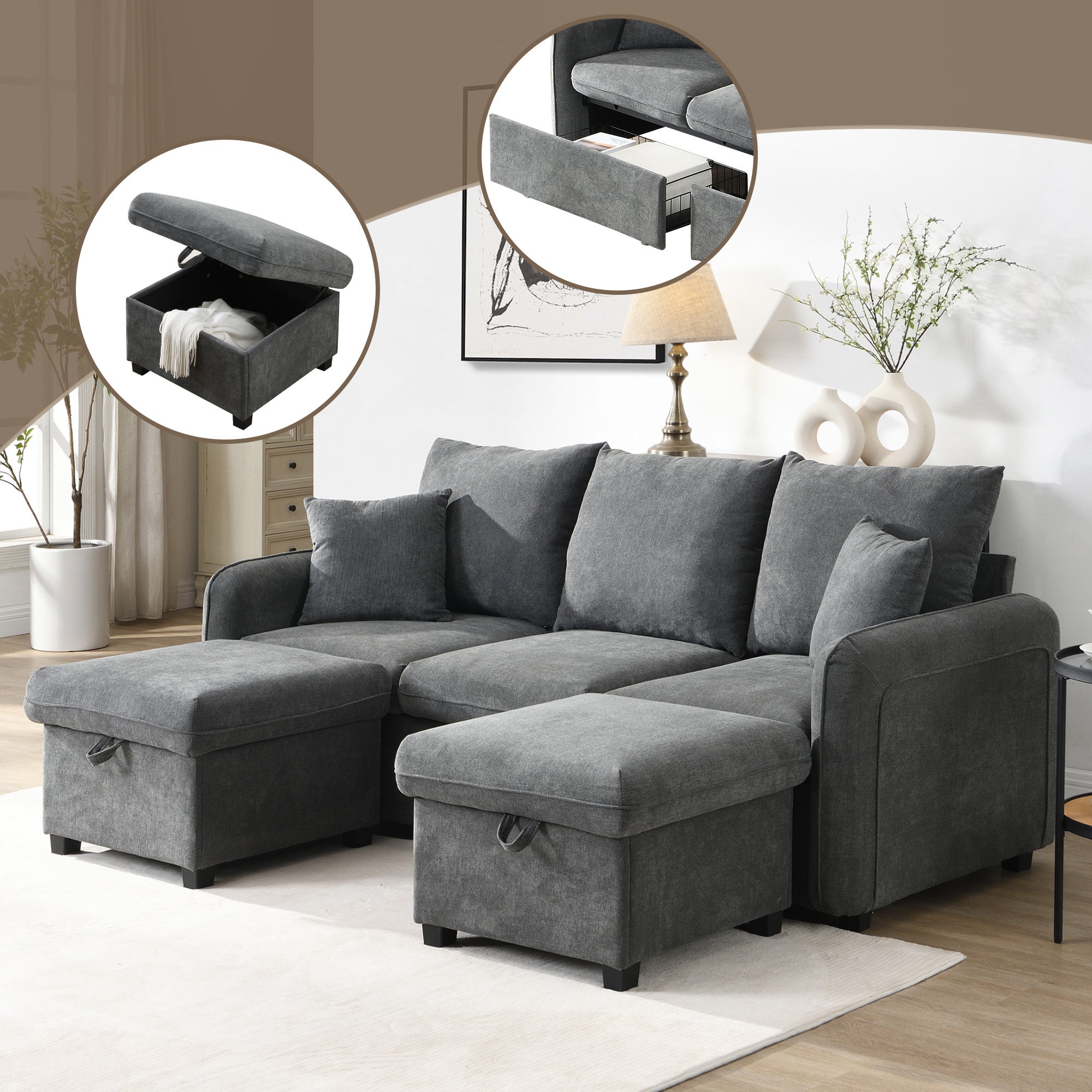 Sofa 3-osobowa Chenille z funkcją spania - 2 szuflady i 2 stołki ze schowkiem - 188 x 82 x 86 cm + 52 x 52 x 42 cm - Ciemnoszary