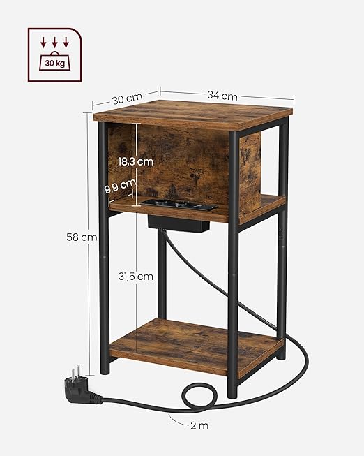 Table d'Appoint , Lot de 2, Petite Table de Chevet avec Multiprise, 30 x 34 x 58 cm, Marron Rustique et Noir - 5