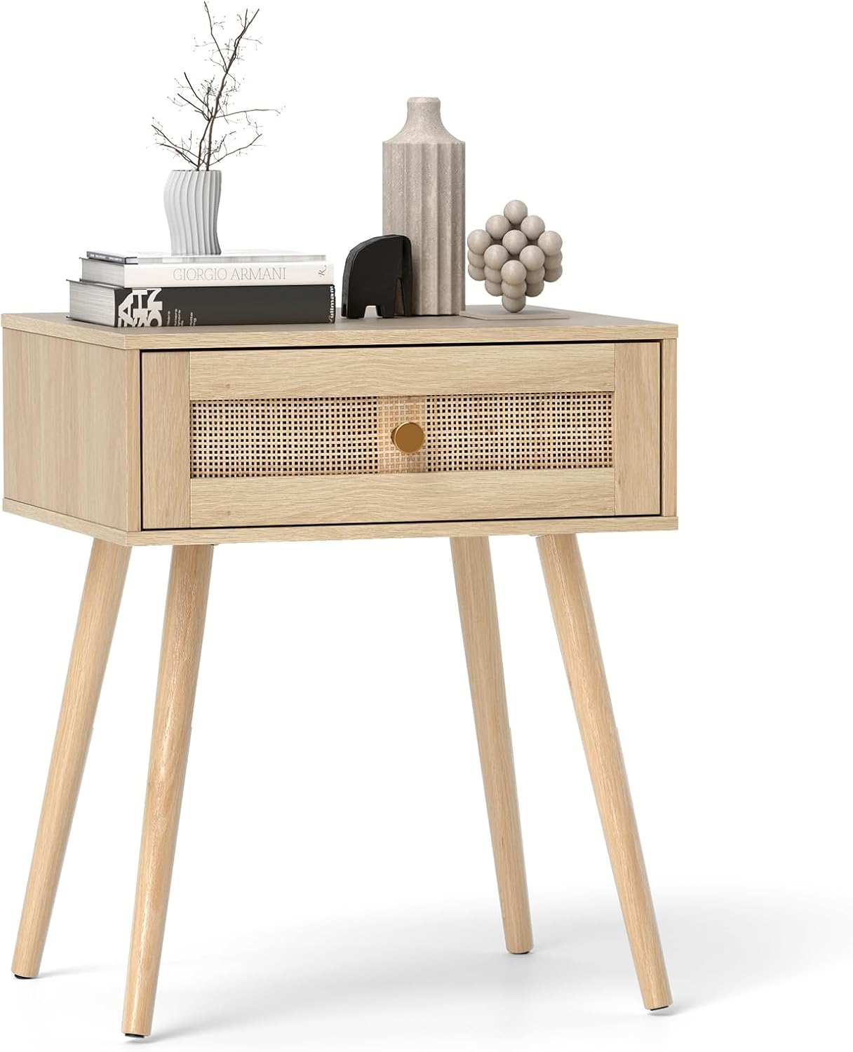HEYZOEY Table De Chevet En Rotin Avec 2 Tiroirs – Noir, Pieds En Pin Massif, 38x30x50 Cm – Style Bohème, Pour Chambre Ou Salon