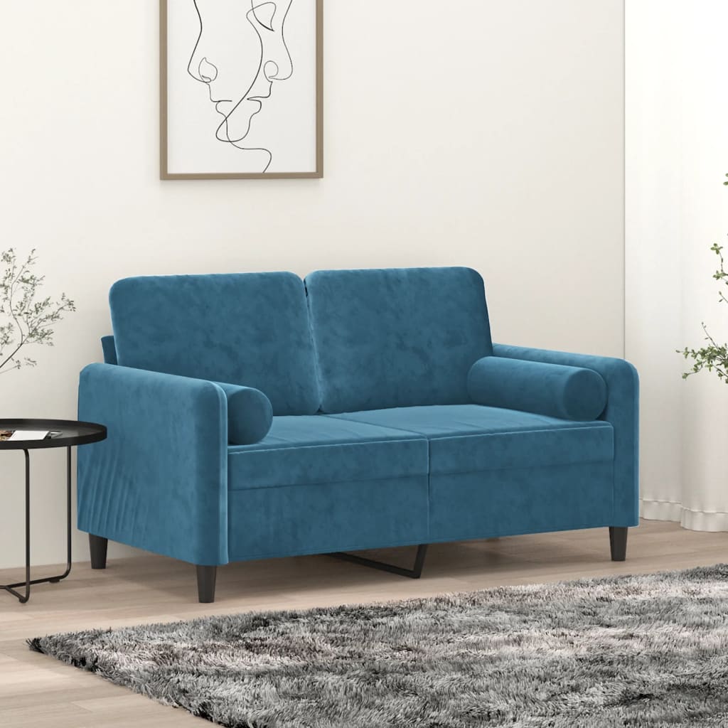 Sofá de 2 plazas con cojines decorativos azules 120 cm de terciopelo.