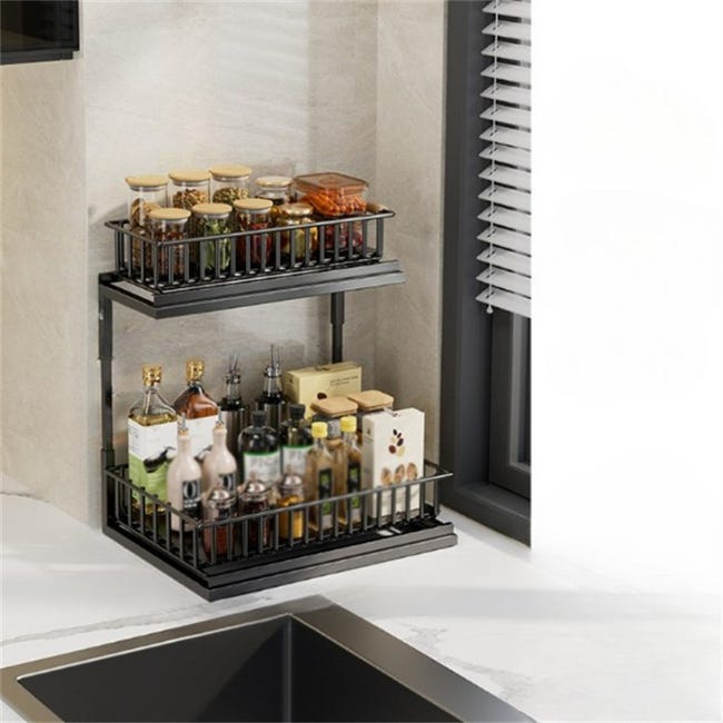 Wielofunkcyjna półka kuchenna pod zlew, czarna, wysuwana, koszyk na przyprawy