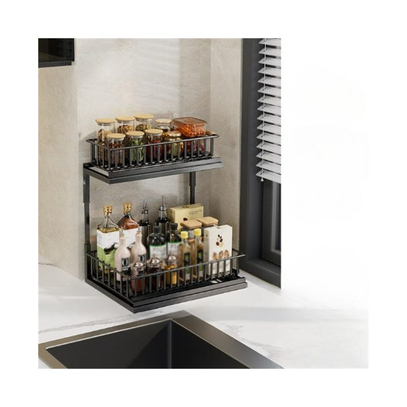 Wielofunkcyjna półka kuchenna pod zlew, czarna, wysuwana, koszyk na przyprawy