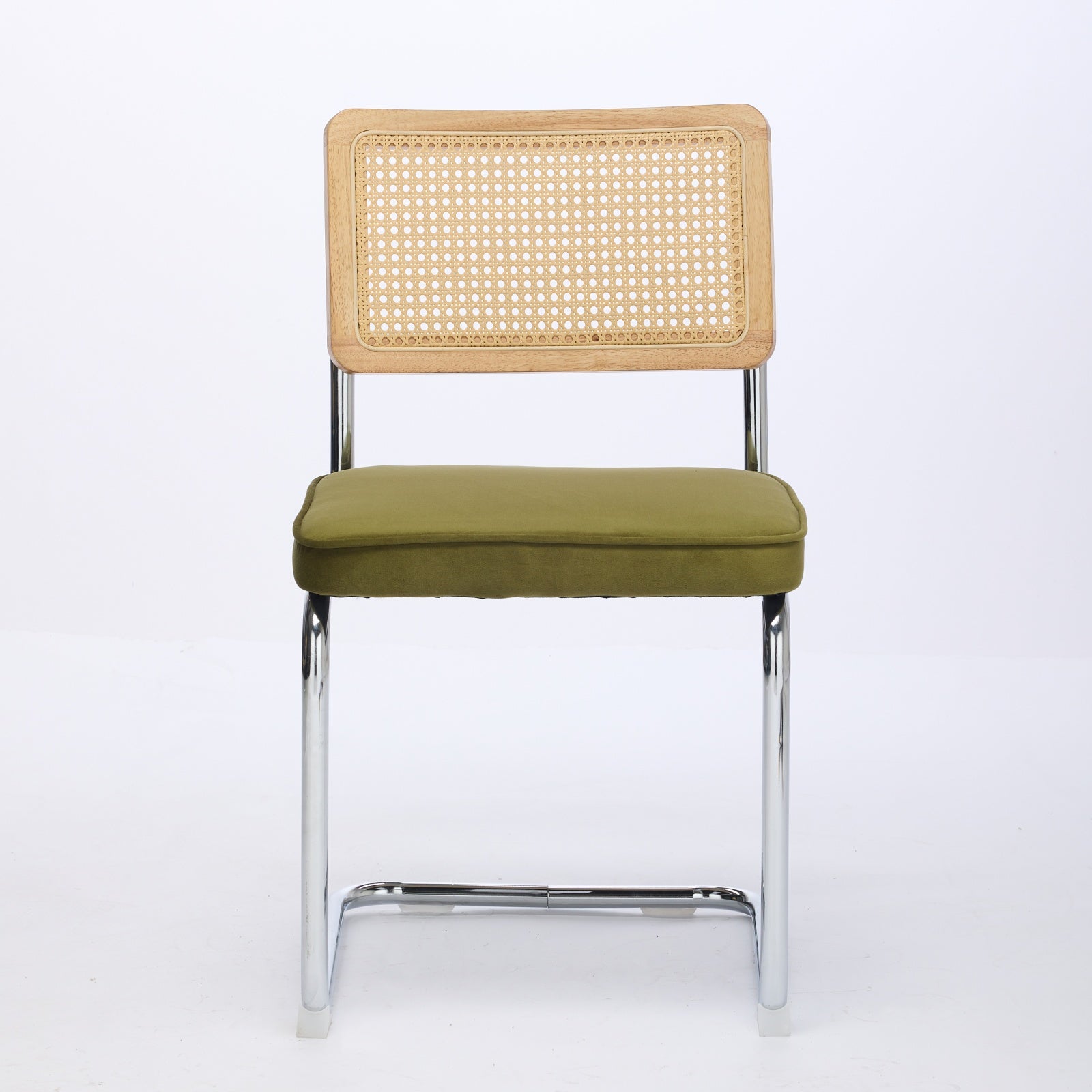 Ensemble de 2 chaises salle à manger milieu du siècle, velours, dossier canne naturelle, base inox chromée, style Breuer, rotin, vert olive, DE1851OL - 2