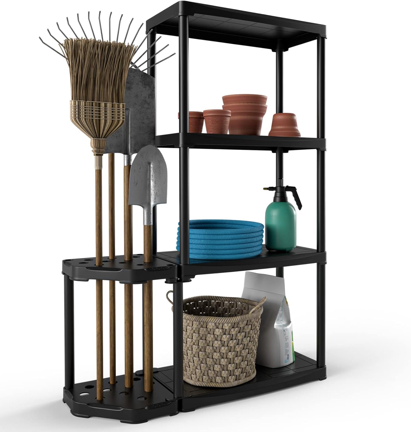 Scaffale a 4 Livelli con Organizer per Utensili a 11 Fori, Libreria Alta in Plastica con Base Stabile, Scaffale di Stoccaggio, Adatto per Magazzino, - 2