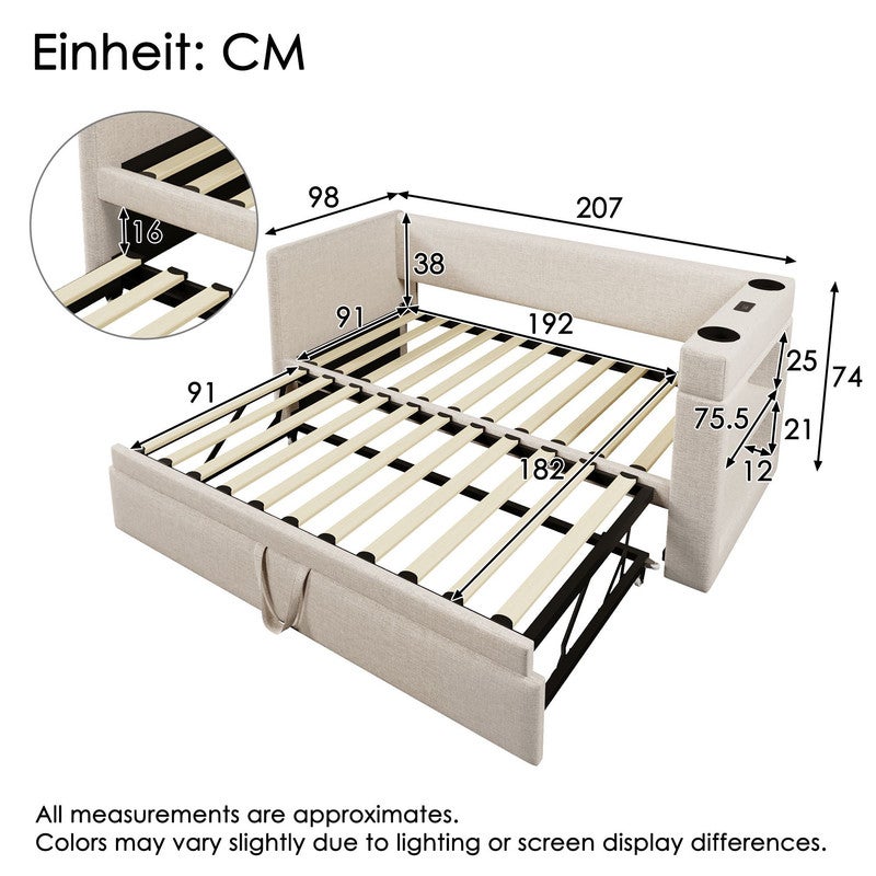 Sofá cama extensible 90x190 con cama nido 90x190,almacenamiento,puertos USB tipo C y portavasos,cama doble con somier de láminas,algodón y lino,beige - 6