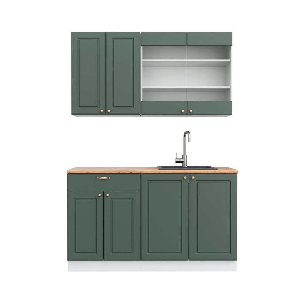 Cuisine Fame-Line Vicco 300cm - Style Rustique, Blanc Vert Or - Neuve