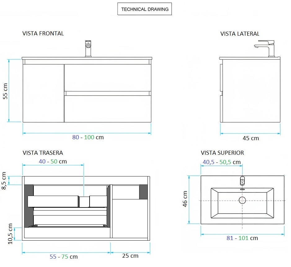 Ensemble armoire et plan de travail Verona en 100 cm, finition chêne guadarrama, avec poignée avec rainure - 6