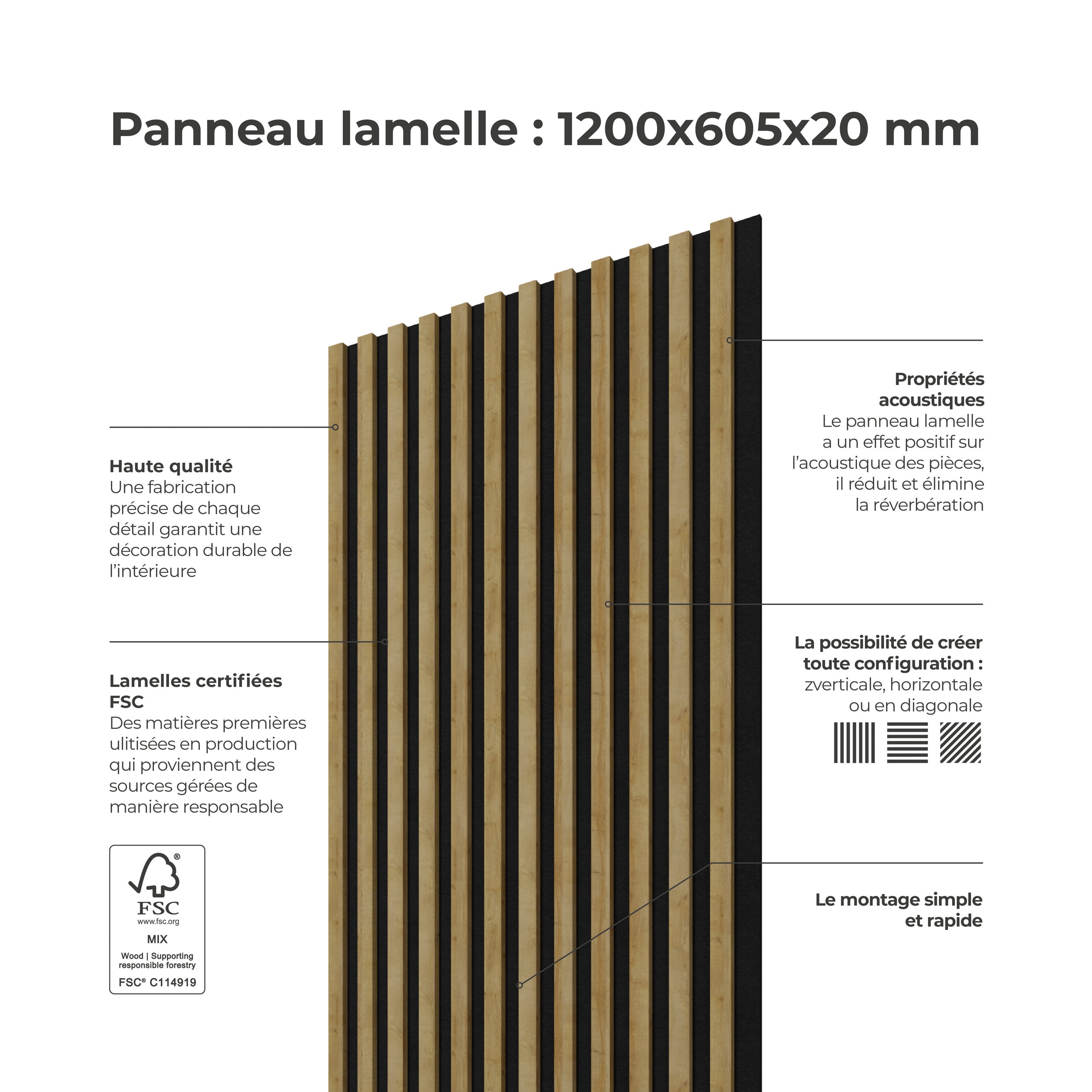 Panneau Tasseau Acoustique effet tasseau bois en feutre 1200mm x 605mm chêne sur noir Linea Proline Stegu - 5