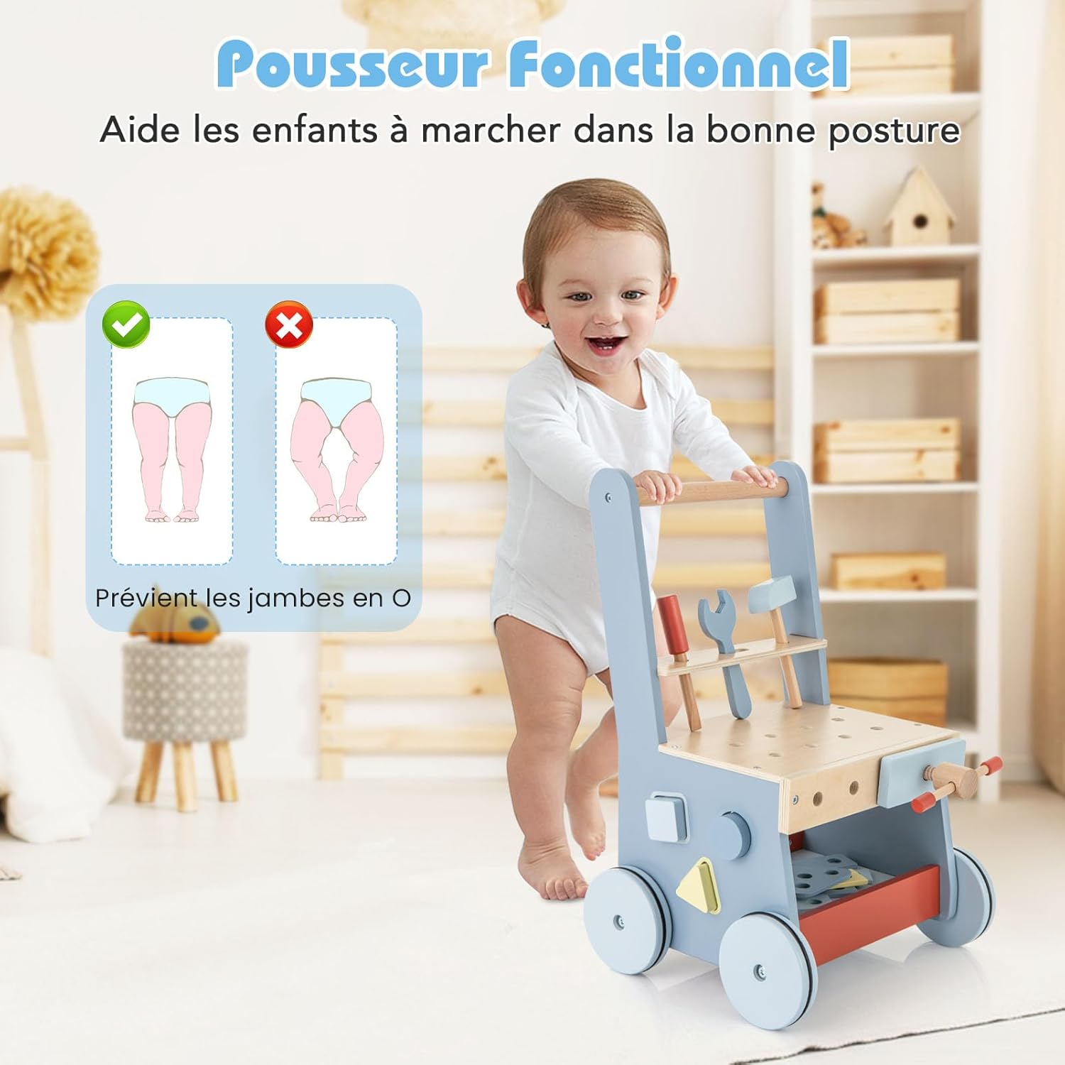 en Chariot de Marche Bébé en Bois avec Horloge Blocs 10