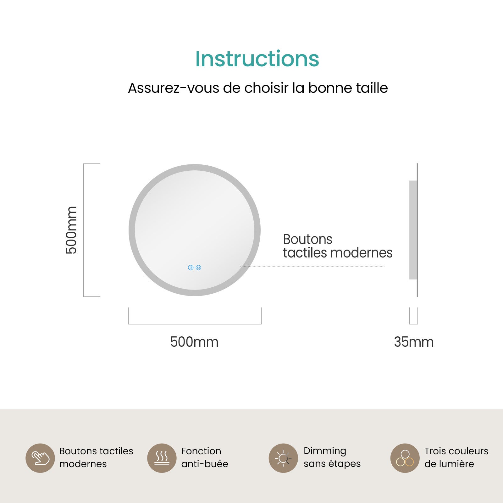 EMKE Miroir lumineux salle de bain rond diamètre 50cm, Miroir LED avec Interrupteur Tactile, Anti-buée, Miroir avec éclairage 3 couleurs - 6