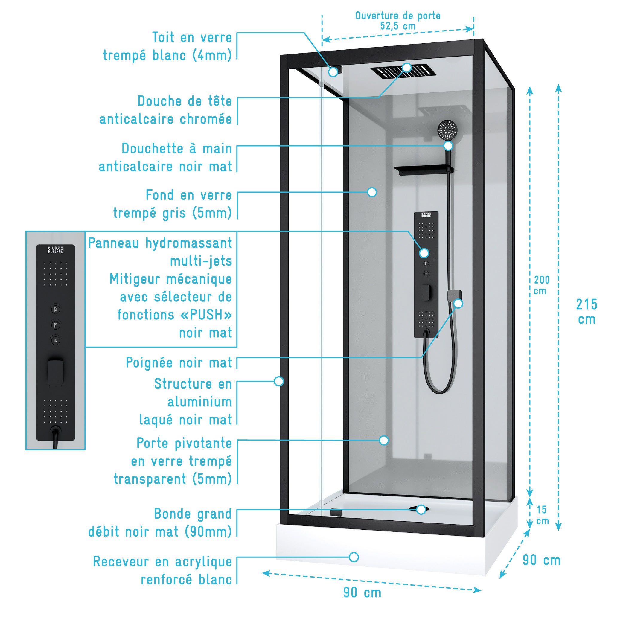 Cabine de douche Hydromassante 90x90x215 cm - Fonds Gris et Profilés Noir Mat - GREY STYLE - 4