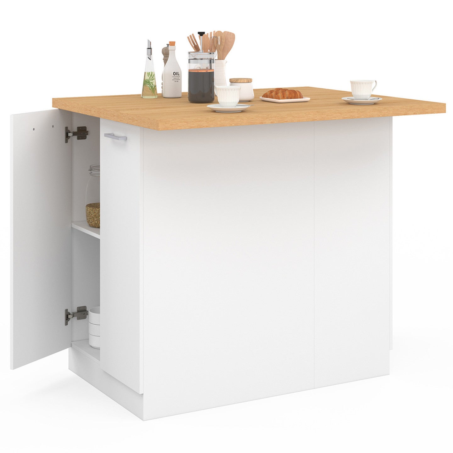 Ilot central IVO 100 cm blanc avec plan de travail façon hêtre - 4