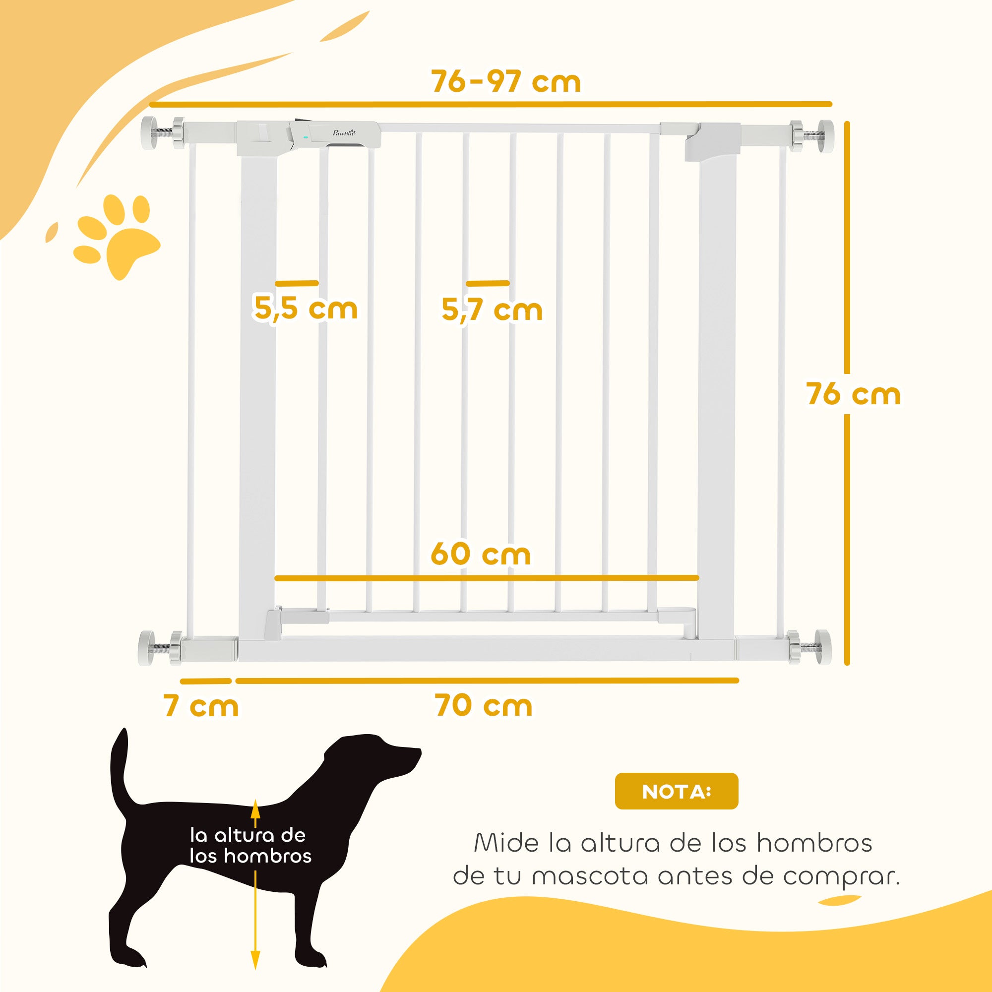 Barrera de Seguridad de Perros PawHut Acero, ABS Blanco 96x5x76 cm - 3