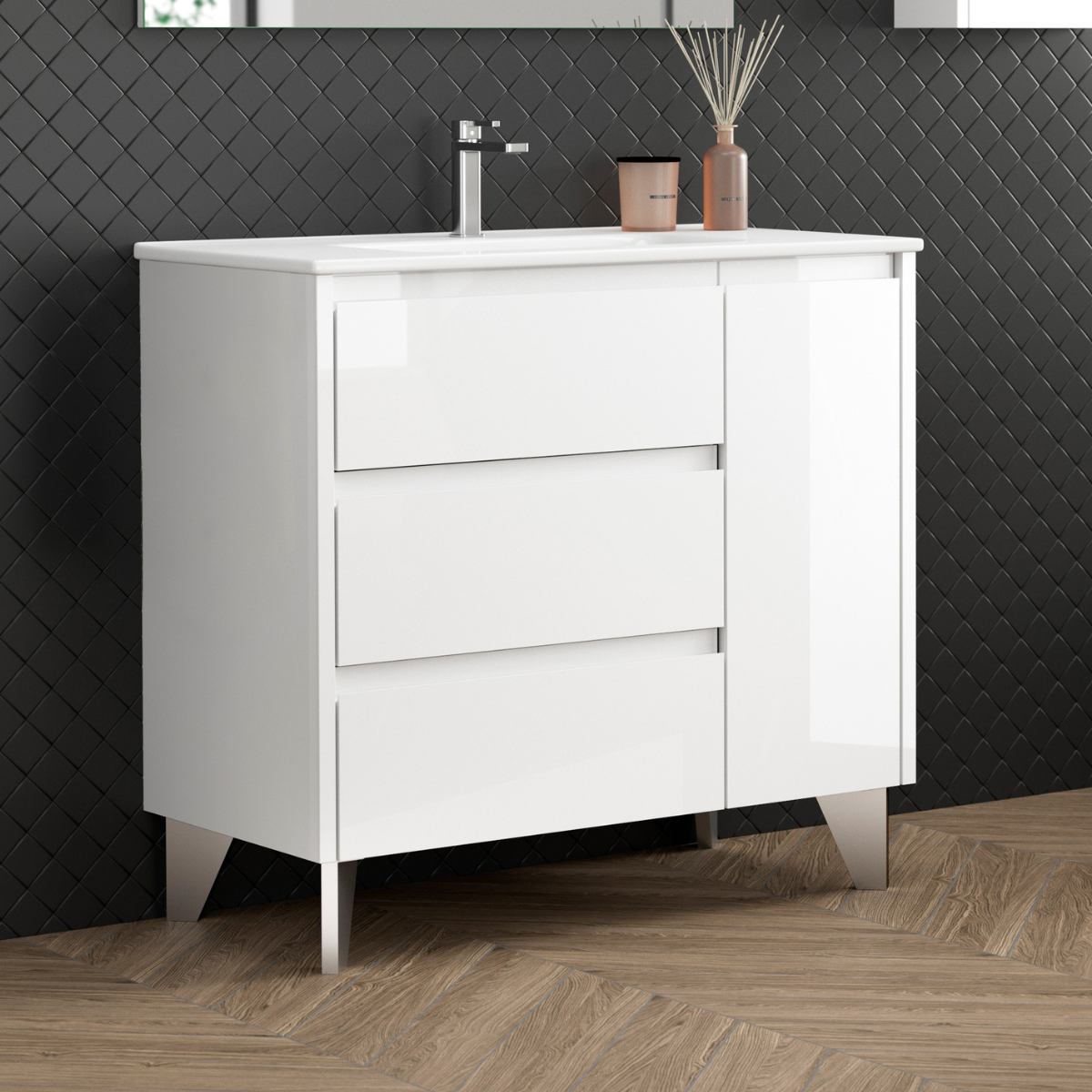 Armadio a pavimento bagno con lavandino e gambe in ceramica | 80cm | 3 cassetti 1 porta con chiusura imbottita e organizzatore | Bianco lucido - 2
