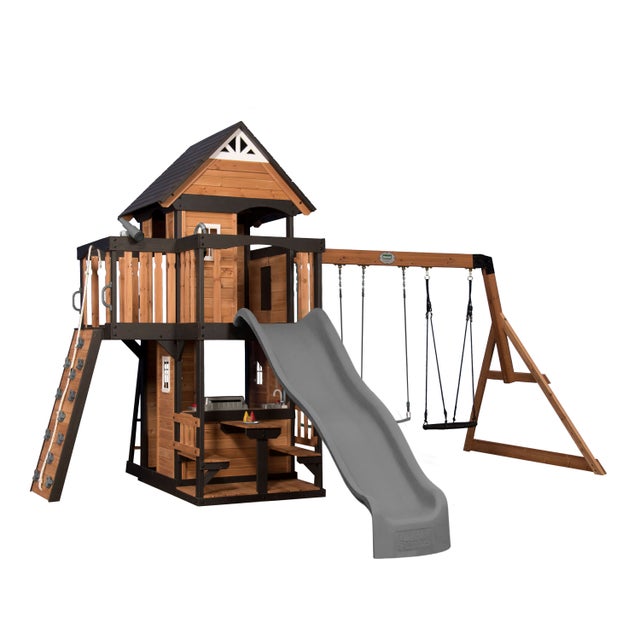 Backyard Discovery Canyon Creek Aire De Jeux En Bois | Portique Balançoire Avec Parois Rocheuses | Portique Balançoire Avec Mur Escalade, Toboggan Et