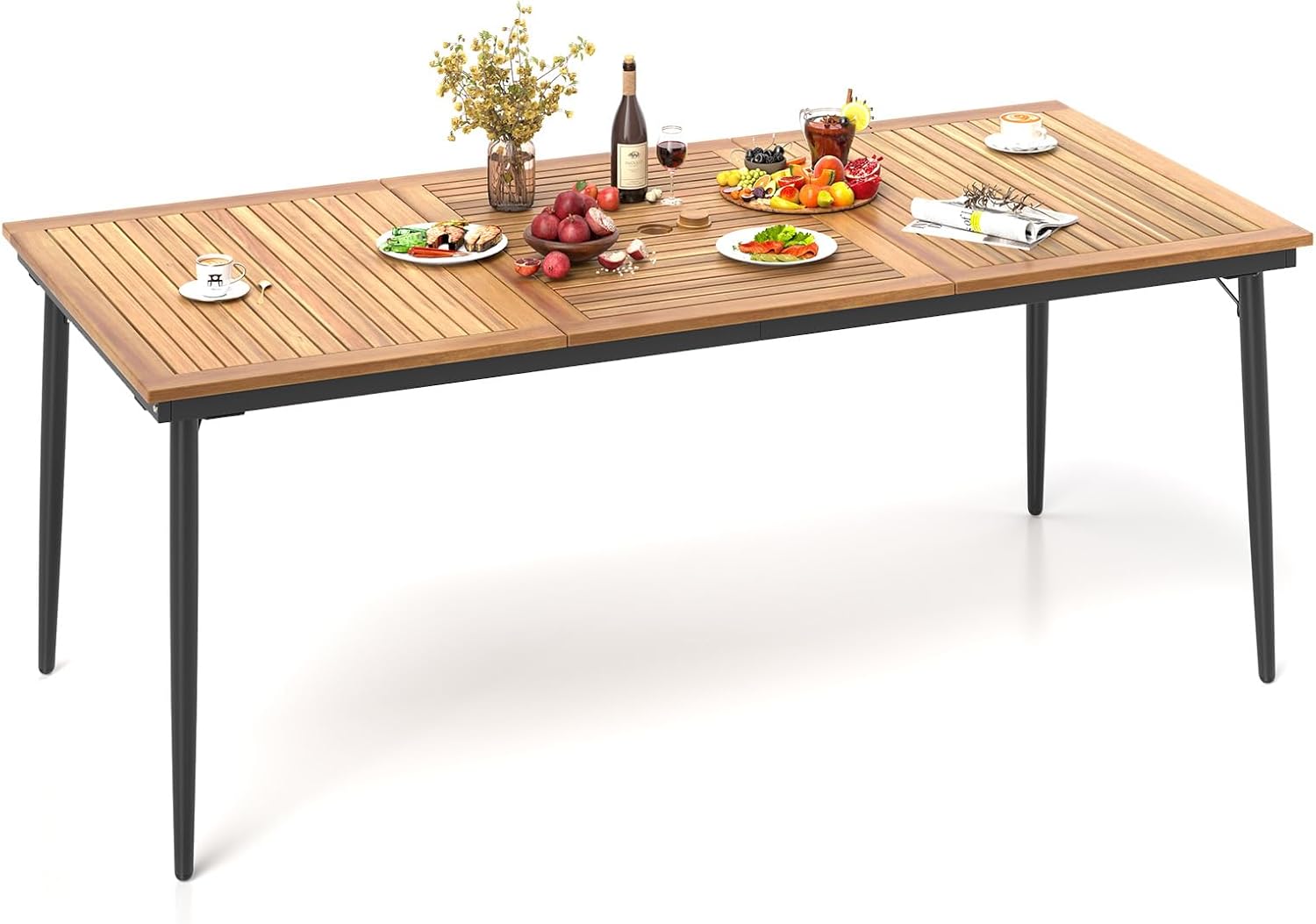 Stół Ogrodowy dla 8 Osób z Drewna Akacjowego FSC, Stół Ogrodowy z Otworem na Parasol o Średnicy 5 cm, Regały z Listew, 200 x 90 cm