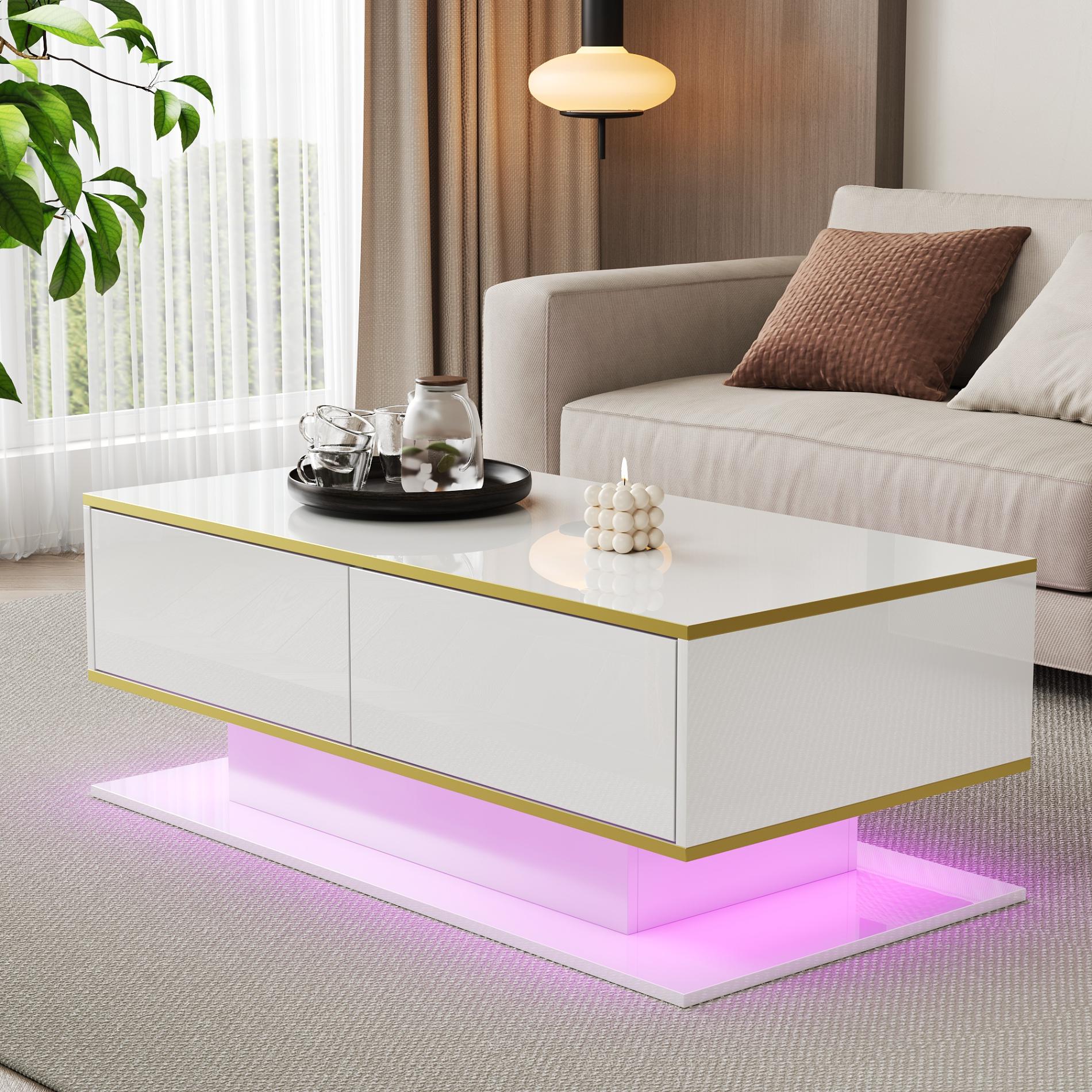 Table Basse LED Moderne avec Surface Haute Brillance, Détails Dorés, Trois Tiroirs et Éclairage LED Changeant de Couleur (110x55x40cm) - 6