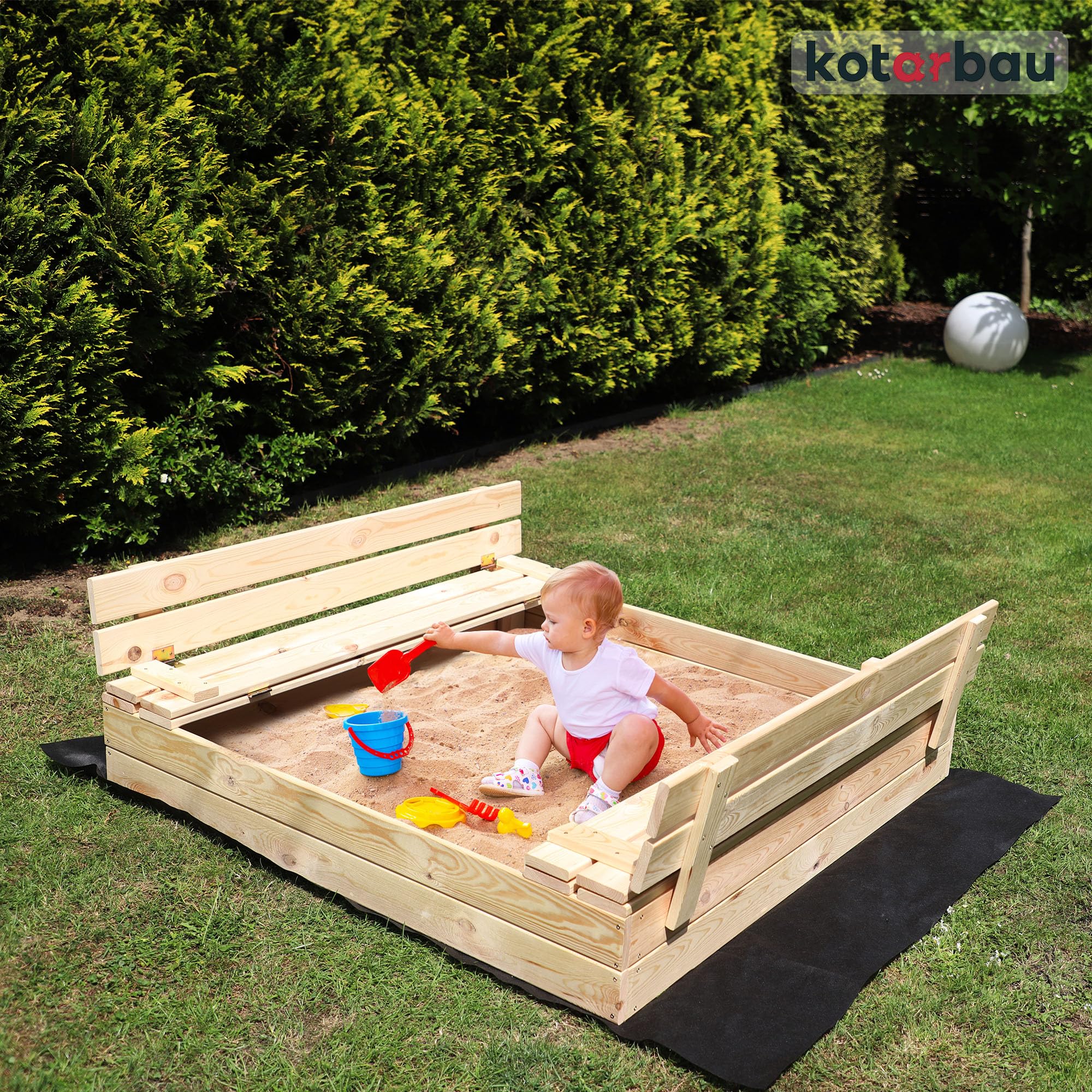 Bac à Sable Enfant Extérieur - Bois - 120 x 120 cm - Naturel - avec Couvercle et Bancs - Avec Tissu Anti-Mauvaises Herbes - KOTARBAU - 2