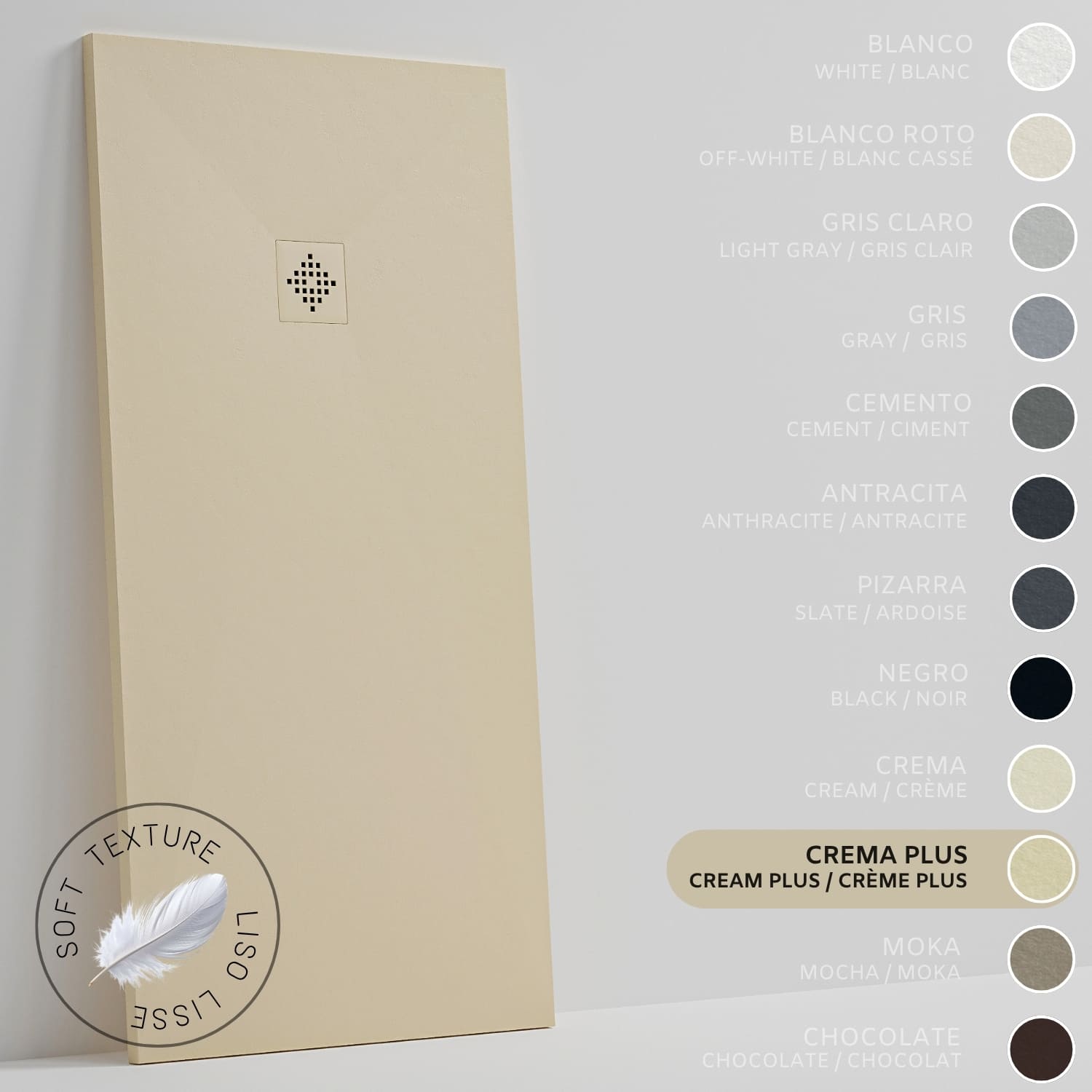 Plato de ducha - resina - gel coat - textura liso seda - antideslizante - color crema intenso - 180x90- extraplano 3cm. rejilla mismo color