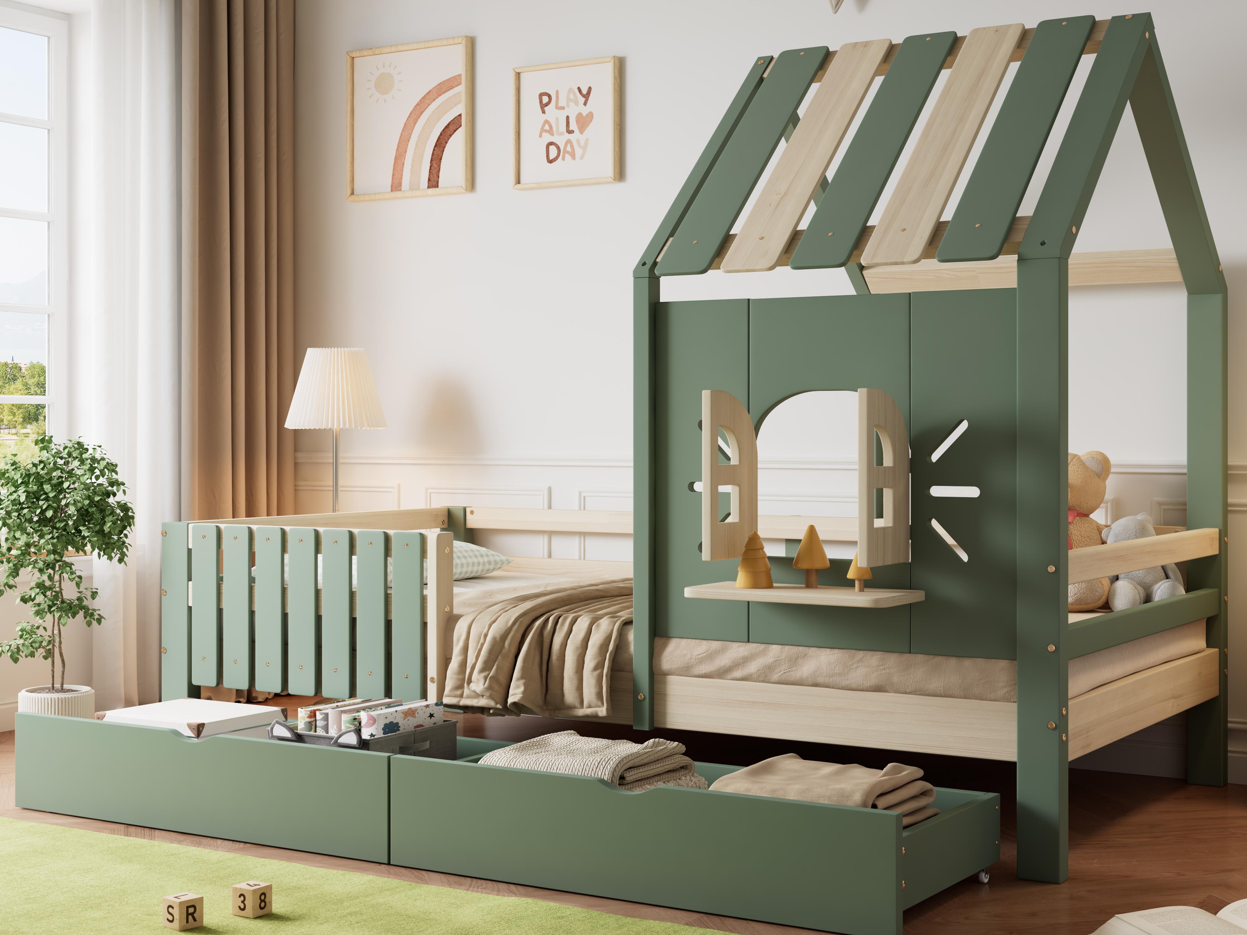 Letto Montessori A Grandezza Naturale In Legno Con Tetto E Recinzione - Per Bambini, Naturale, 202x152x188 Cm