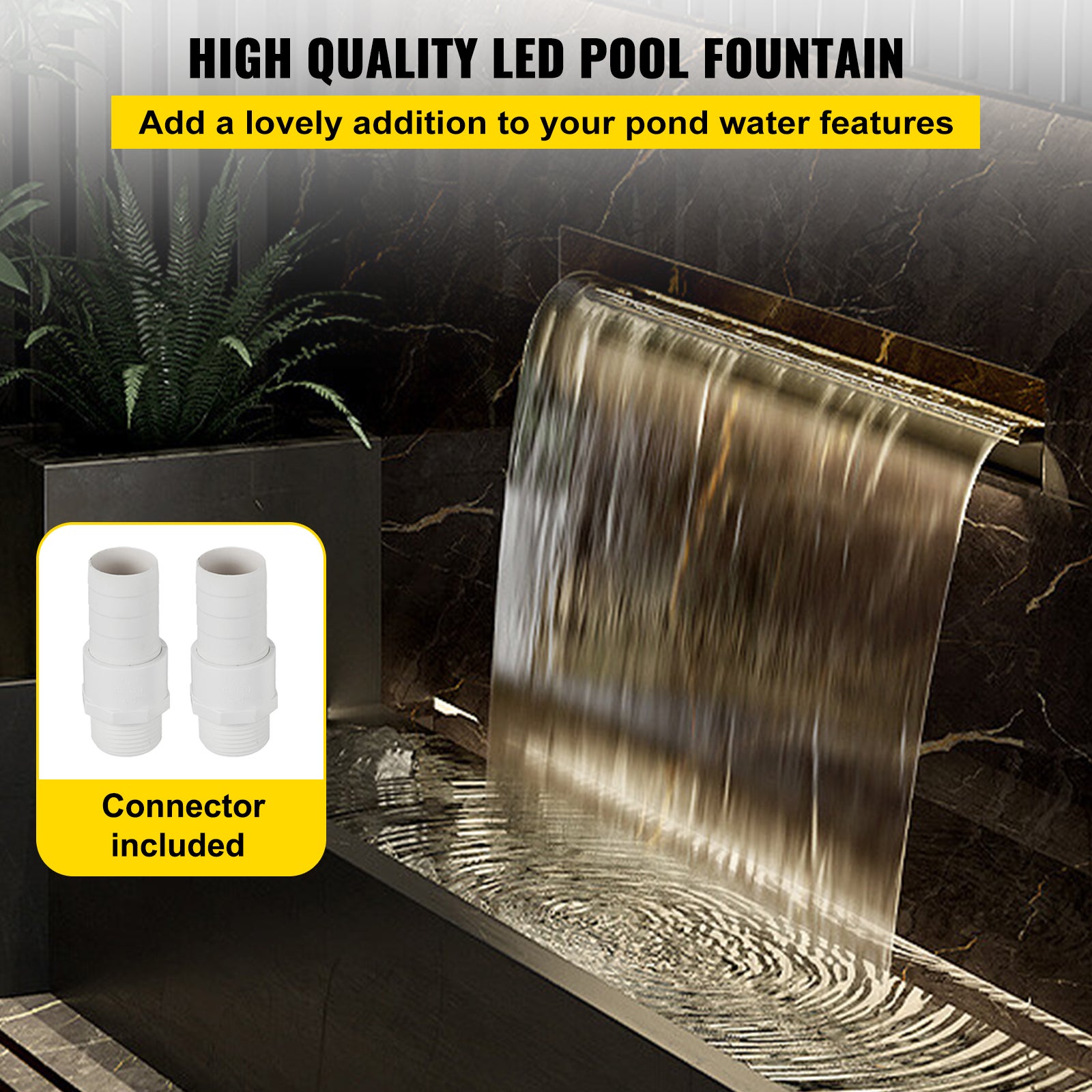 Déversoir à cascade piscine VEVOR 120x11,5x8 cm fontaine chute d'eau de piscine acier inox avec bande LED colorée,connecteur de tuyau,télécommande, - 2