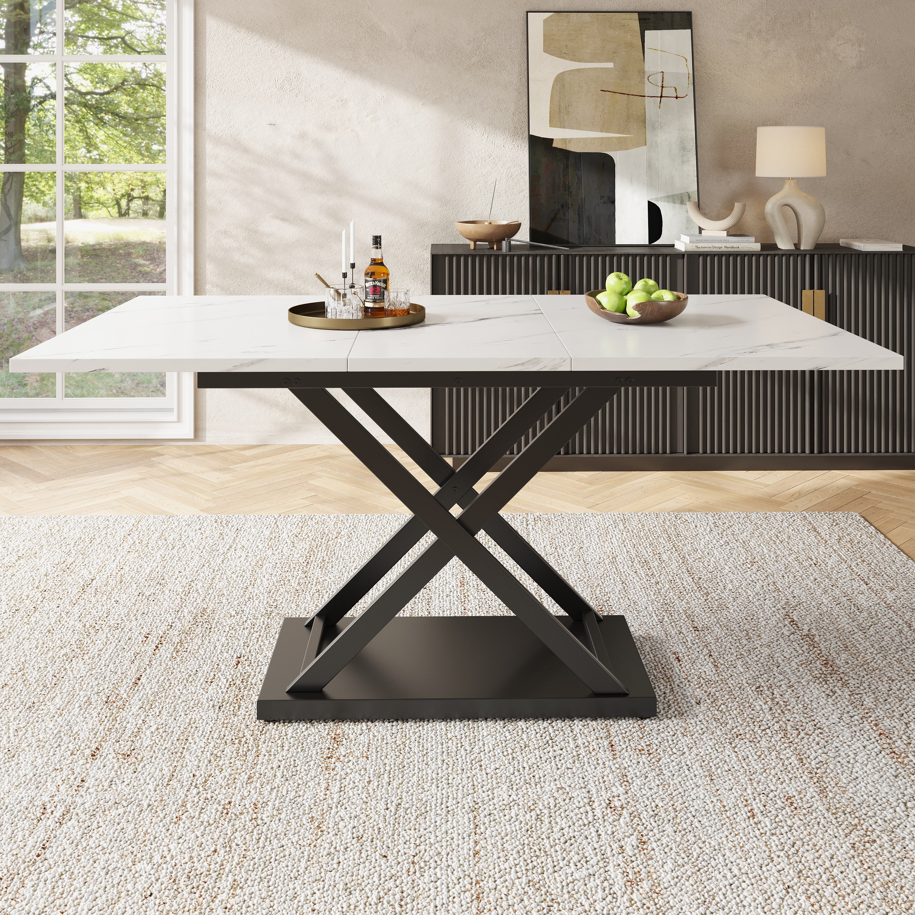Rozkładany stół jadalny dla 4-6 osób - 120/160 x 80 x 75 cm - Nogi z płyty MDF i metalu - Blat imitujący marmur - Kolor biały - 3