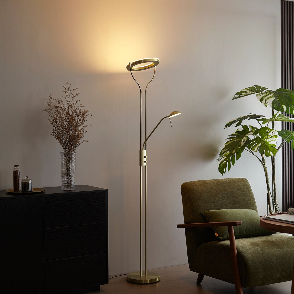 Qazqa moderne lampadaire uplighter avec bras de lecture - Divo - doré/laiton, led intégrée 18w incluse, Integrated led, - 2