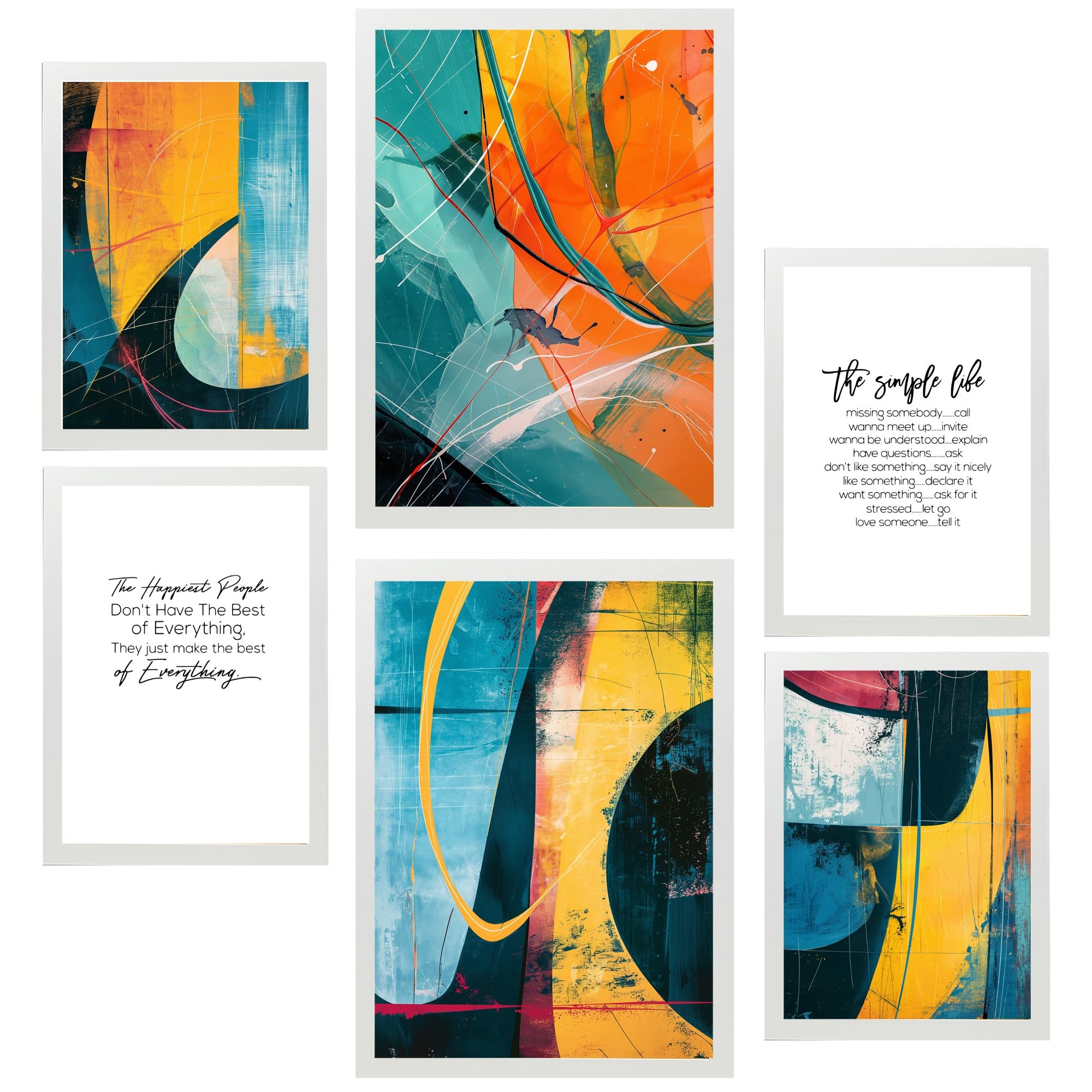 Set de 6 abstract colors yellow orange blue shapes cuadros con ilustración de diseño para decorar. tienda. a3 y a4. marco blanco