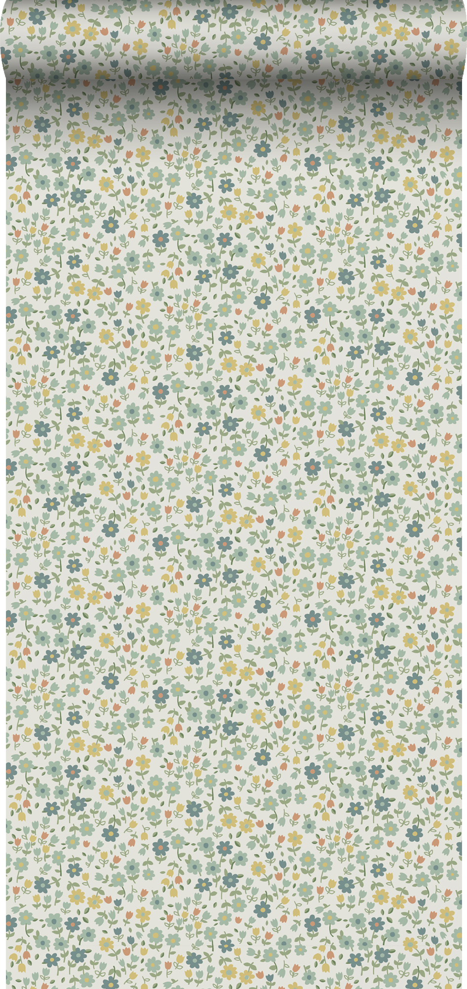 Papel pintado flores azul, verde grisáceo y amarillo ocre - 50 x 900 cm - estahome