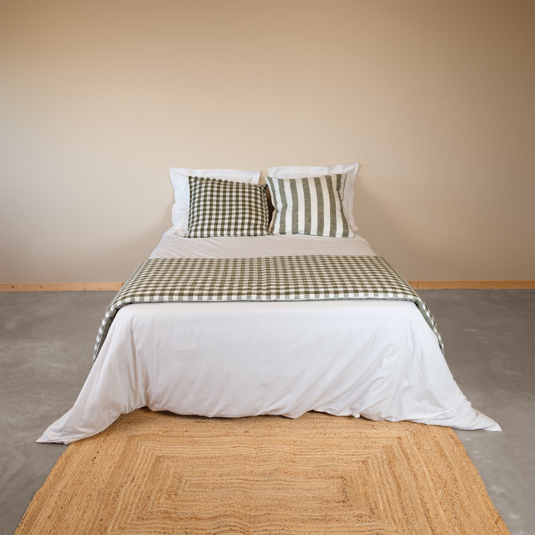 Édredon réversible coton flammé motifs rayures et vichy LOURMARIN - Kaki - 70x200 cm - Coton - 2