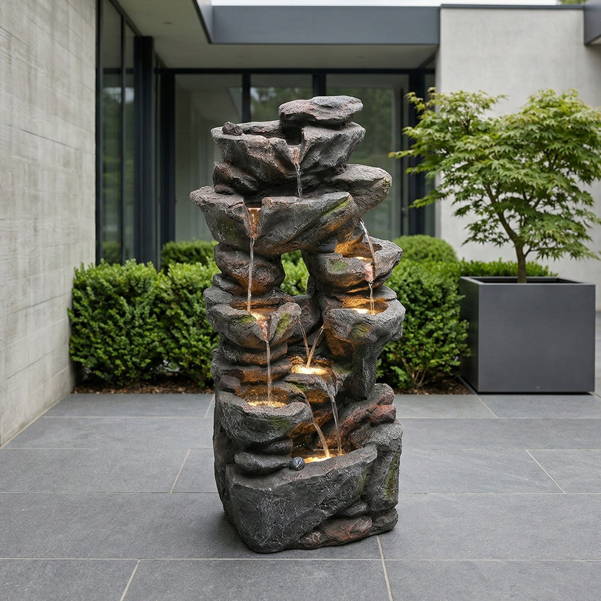 Fontaine de jardin LED décorative avec pompe 16 W - Résine effet pierre naturelle - 46 x 36 x 90 cm - Gris - Idéale terrasse, jardin ou balcon - 2