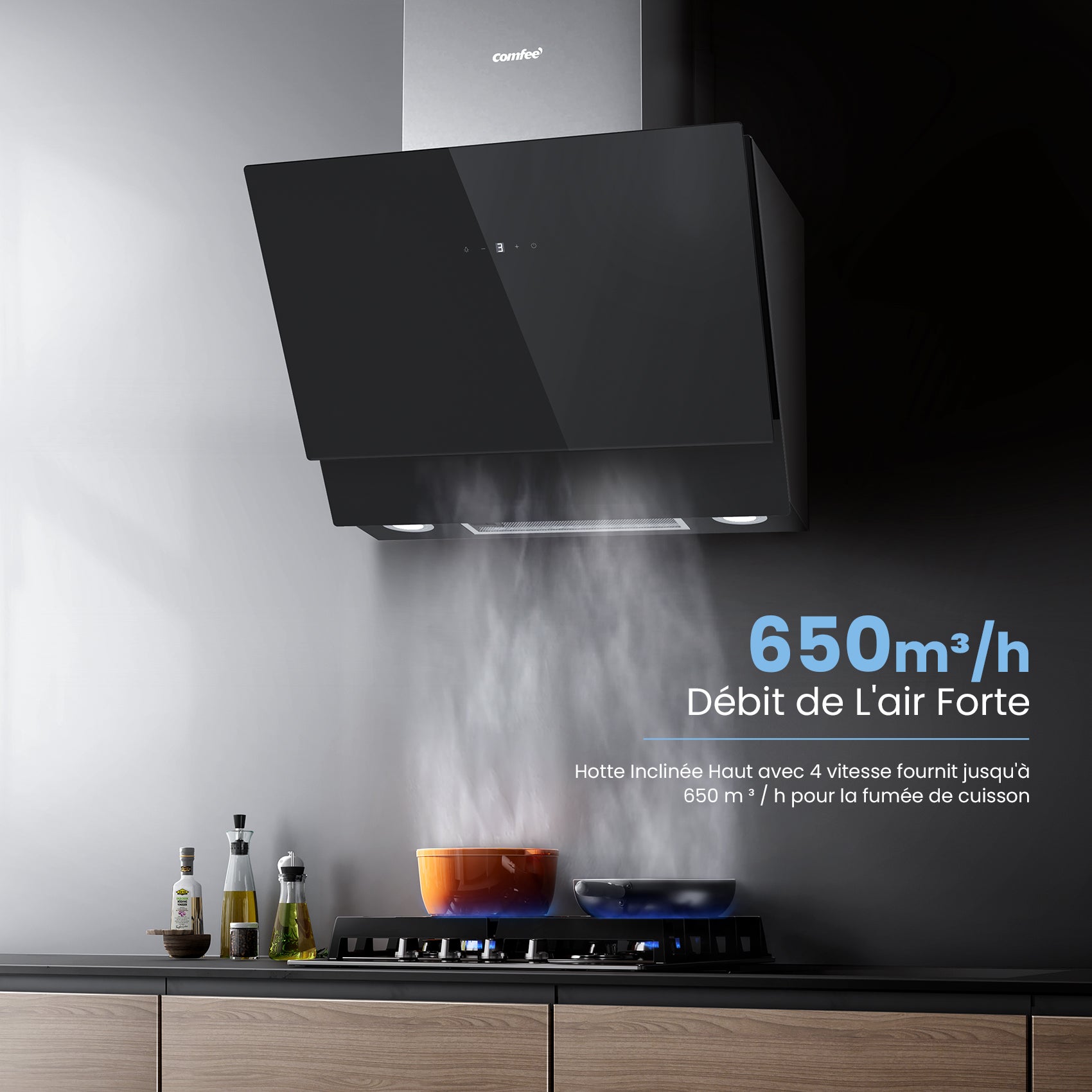 COMFEE Hotte Aspirante Inclinée 60cm - 650m³/h - Classe A+++ - Commandes Gestuelles - 4 vitesses - 2 Filtres à Charbon - Verre Noir - 2*1.5W LED - 4