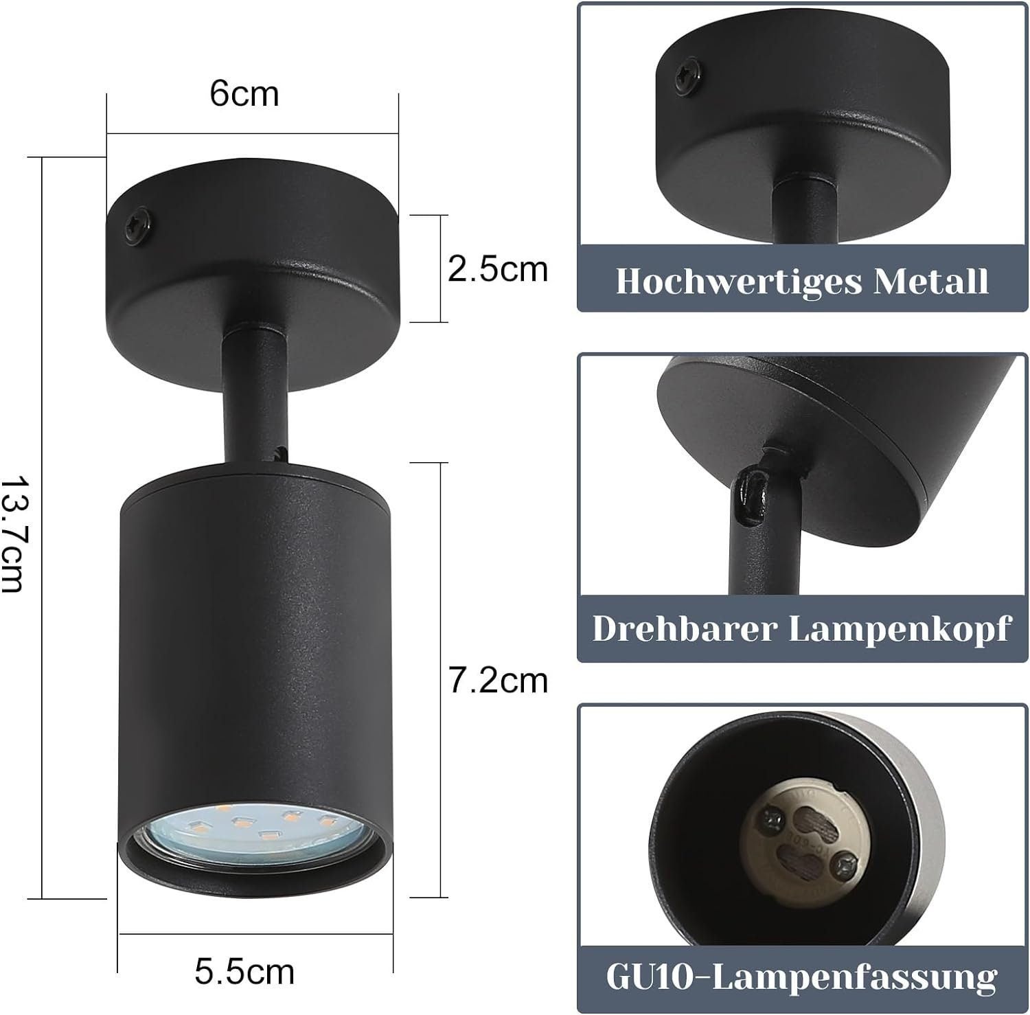 NETTLIFE Foco LED Negro GU10 Giratorio de 330° Lámpara de Pasillo Moderna Aplique de Pared Industrial para Sala de Estar Dormitorio Cocina - 2